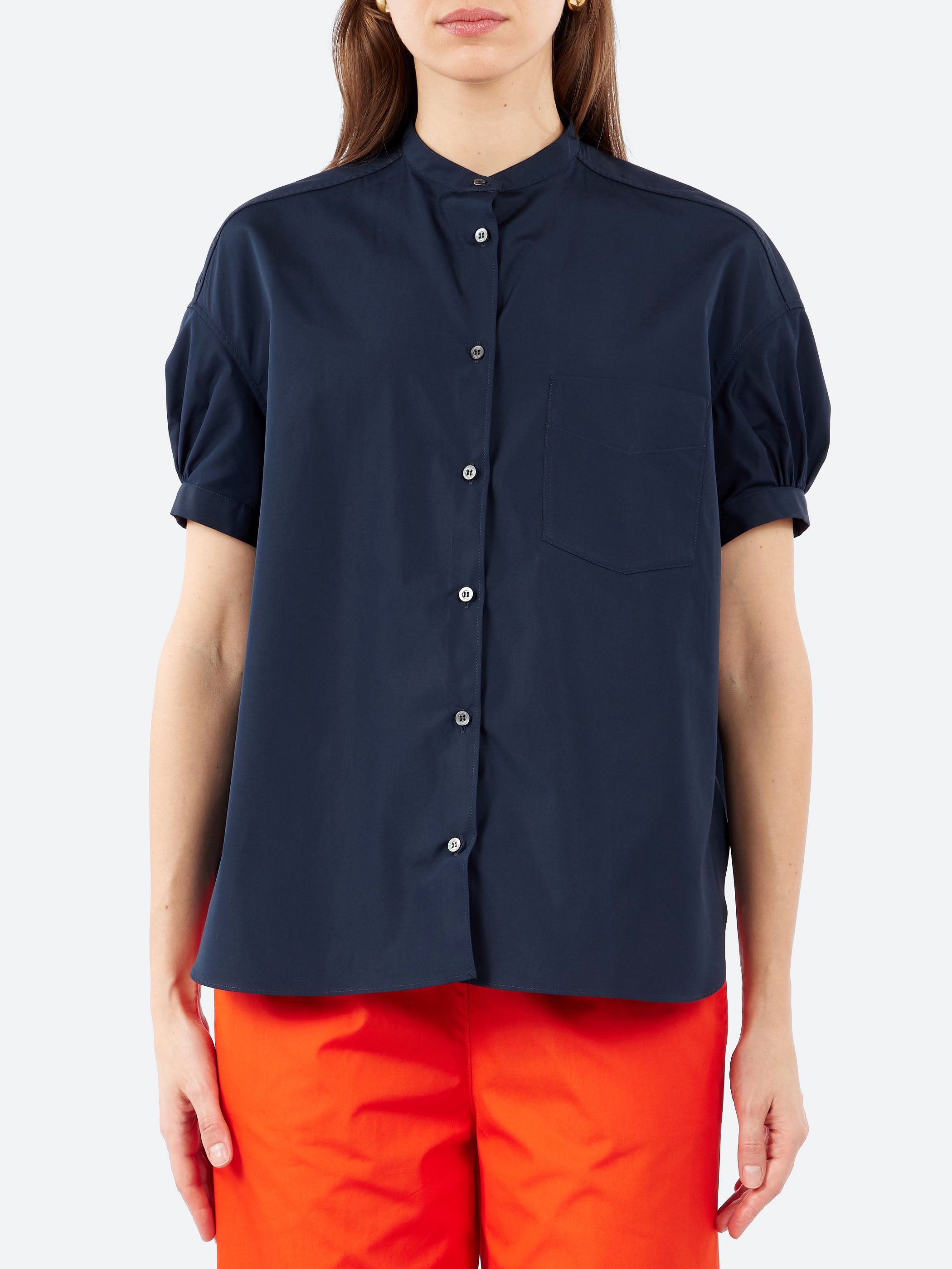 Pure Cotton Poplin Shirt with Mandarin Collar