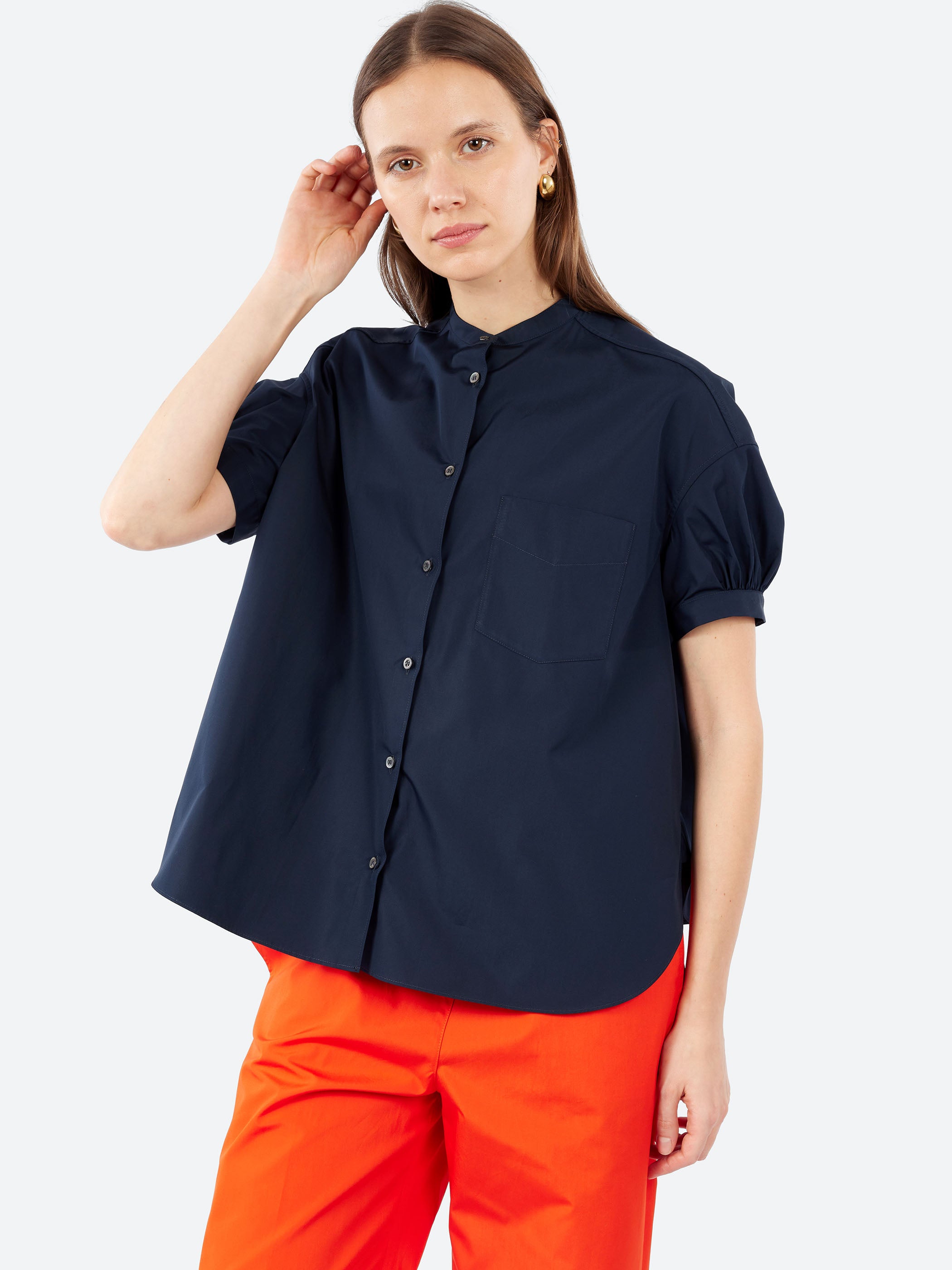 Pure Cotton Poplin Shirt with Mandarin Collar