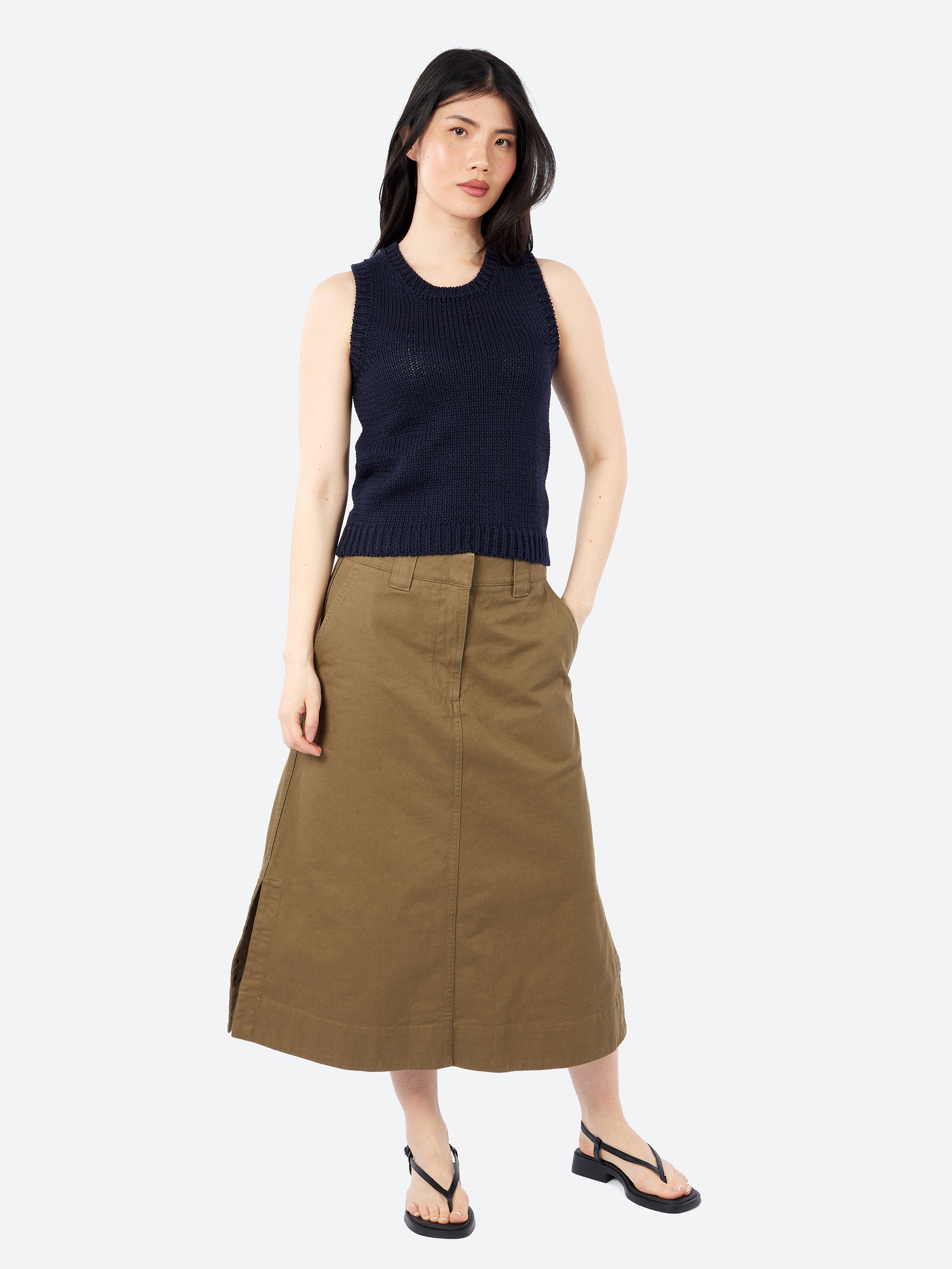 Margaret Howell - MHL Side Vent Skirt in Khaki Green – gravitypope