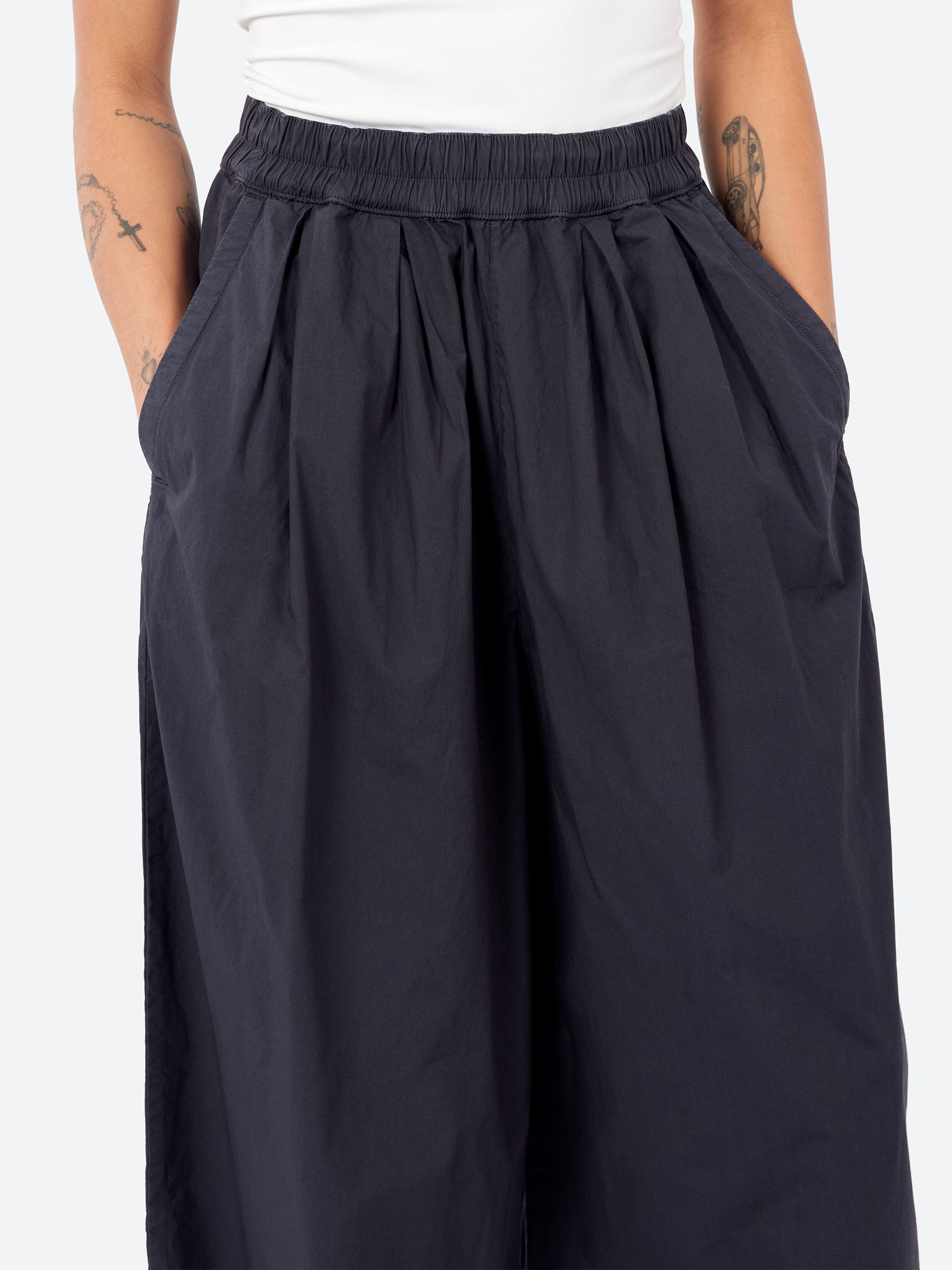 Pleated Pull On Cotton Poplin Trousers