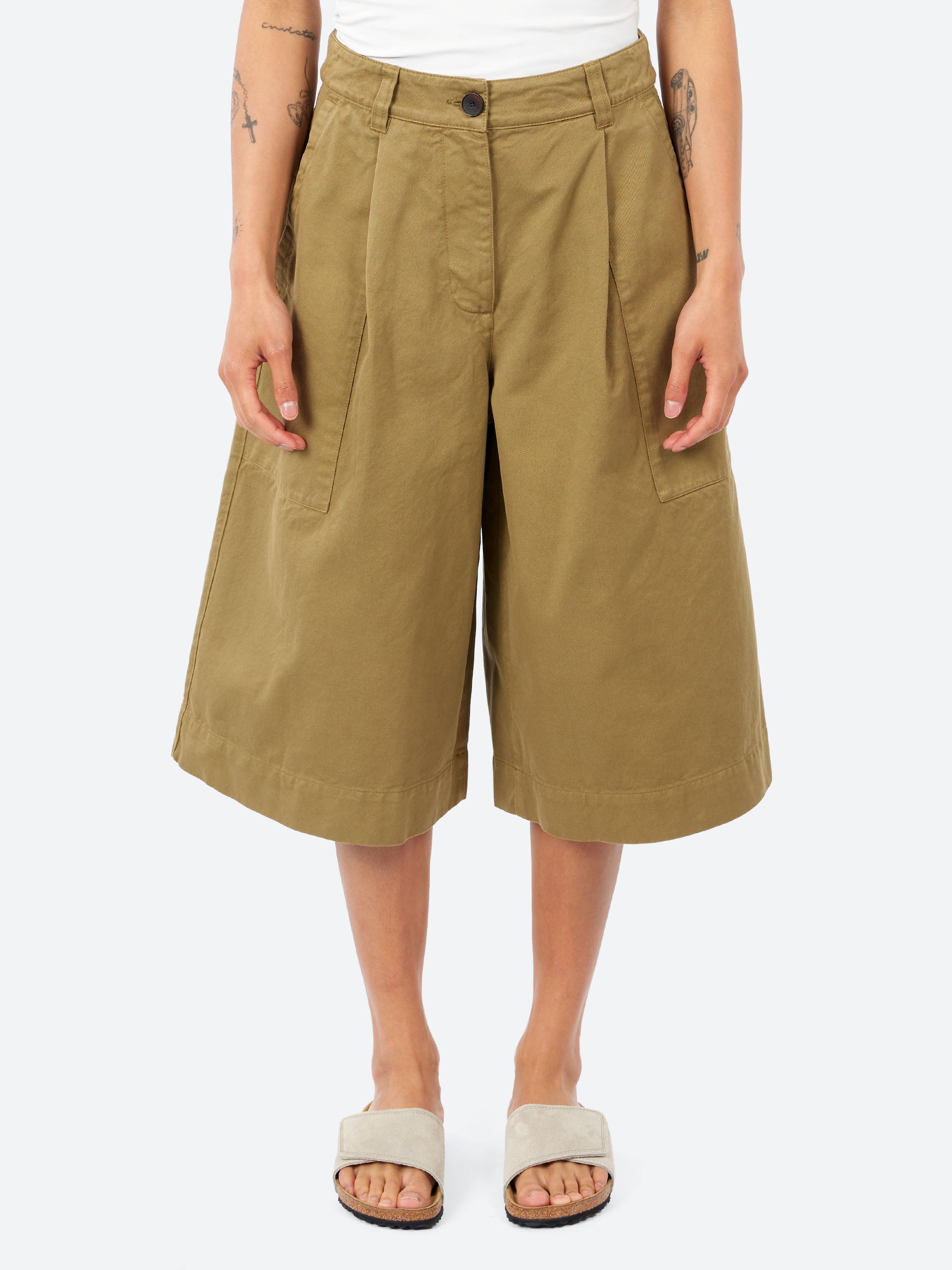 Pleated Cotton Twill Shorts