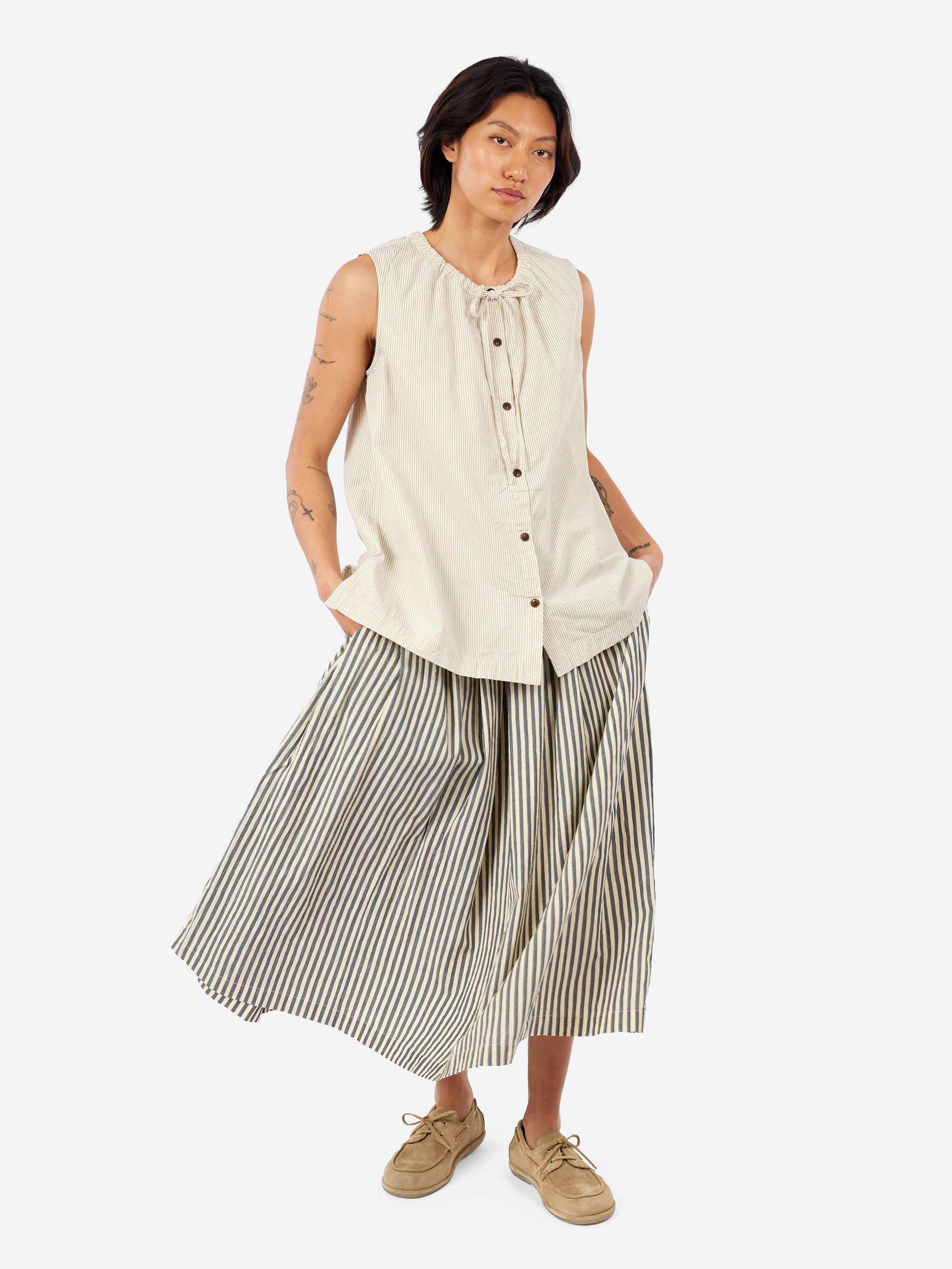 Pleated Cotton Stripe Skirt