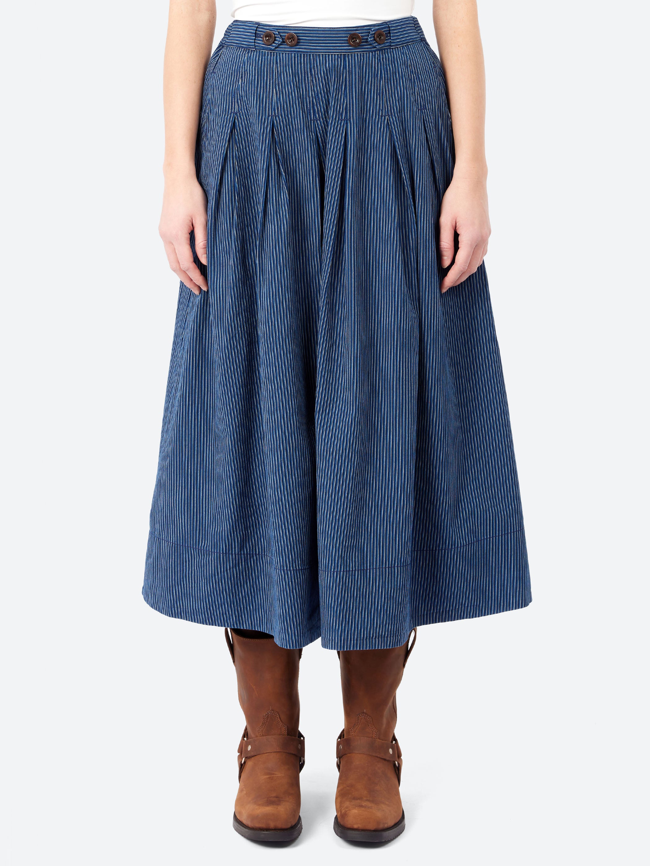 Railroad Stripe Pleated Cotton Skirt