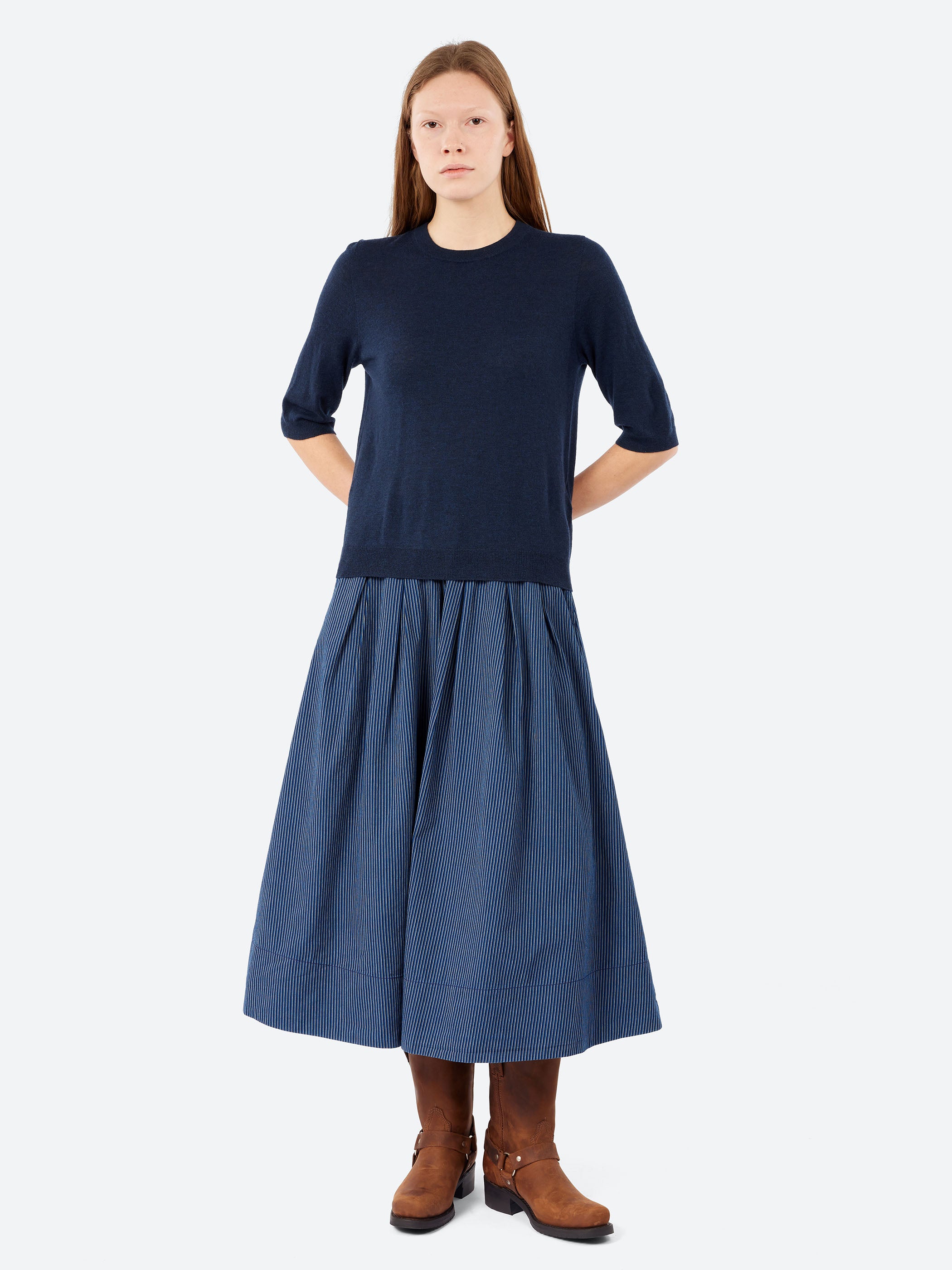 Railroad Stripe Pleated Cotton Skirt
