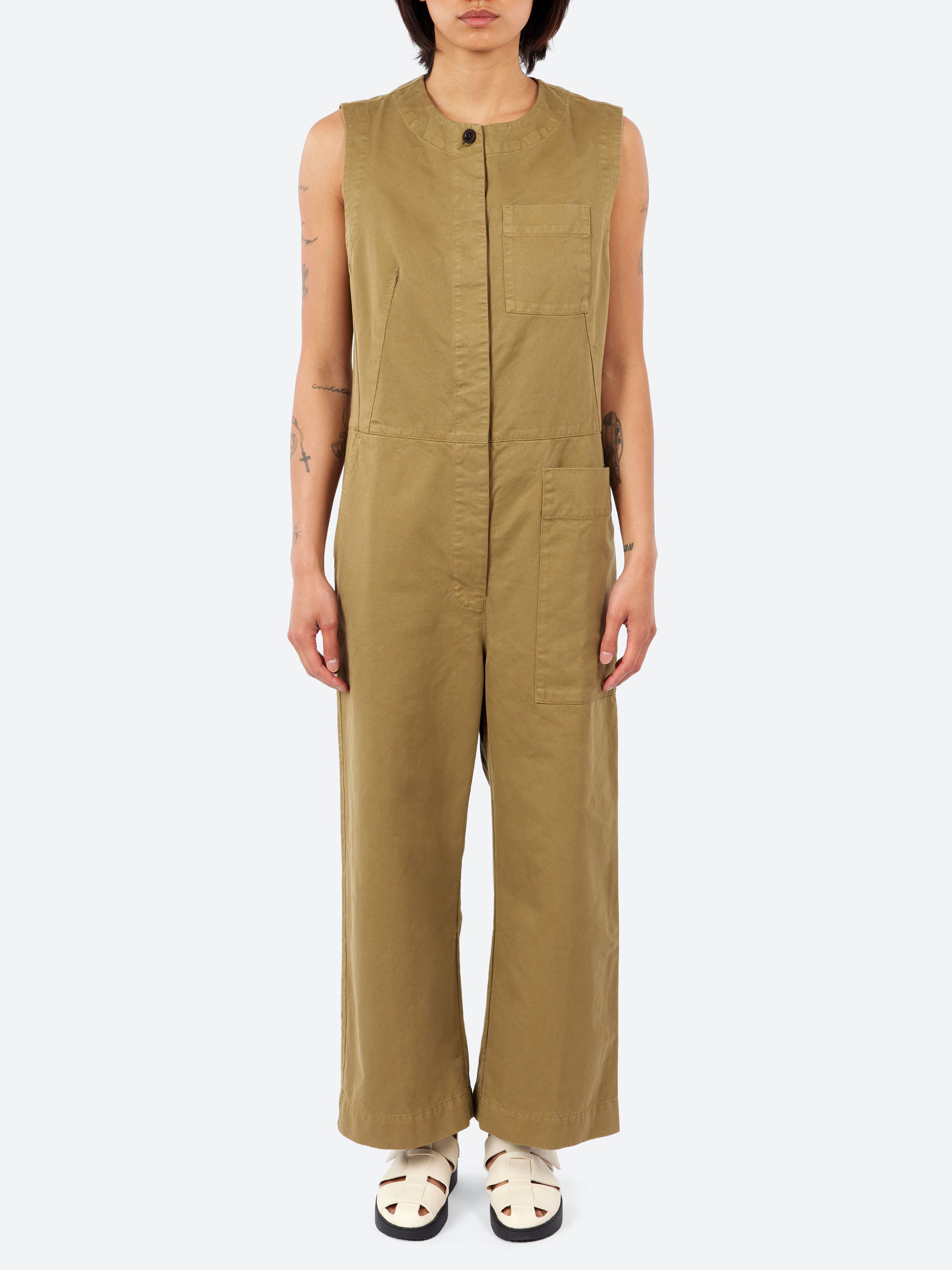 Sleeveless Cotton Twill Jumpsuit