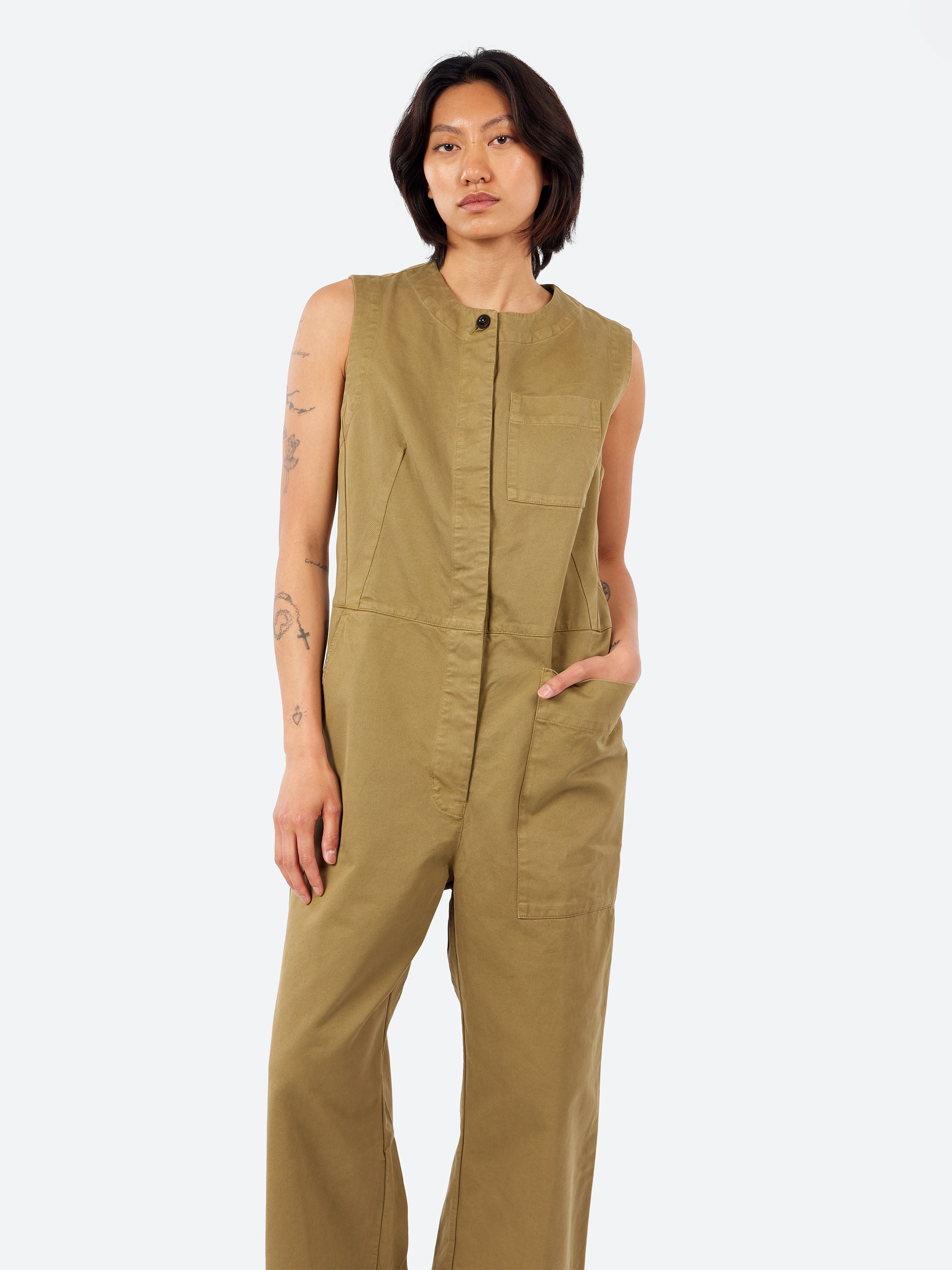 Sleeveless Cotton Twill Jumpsuit