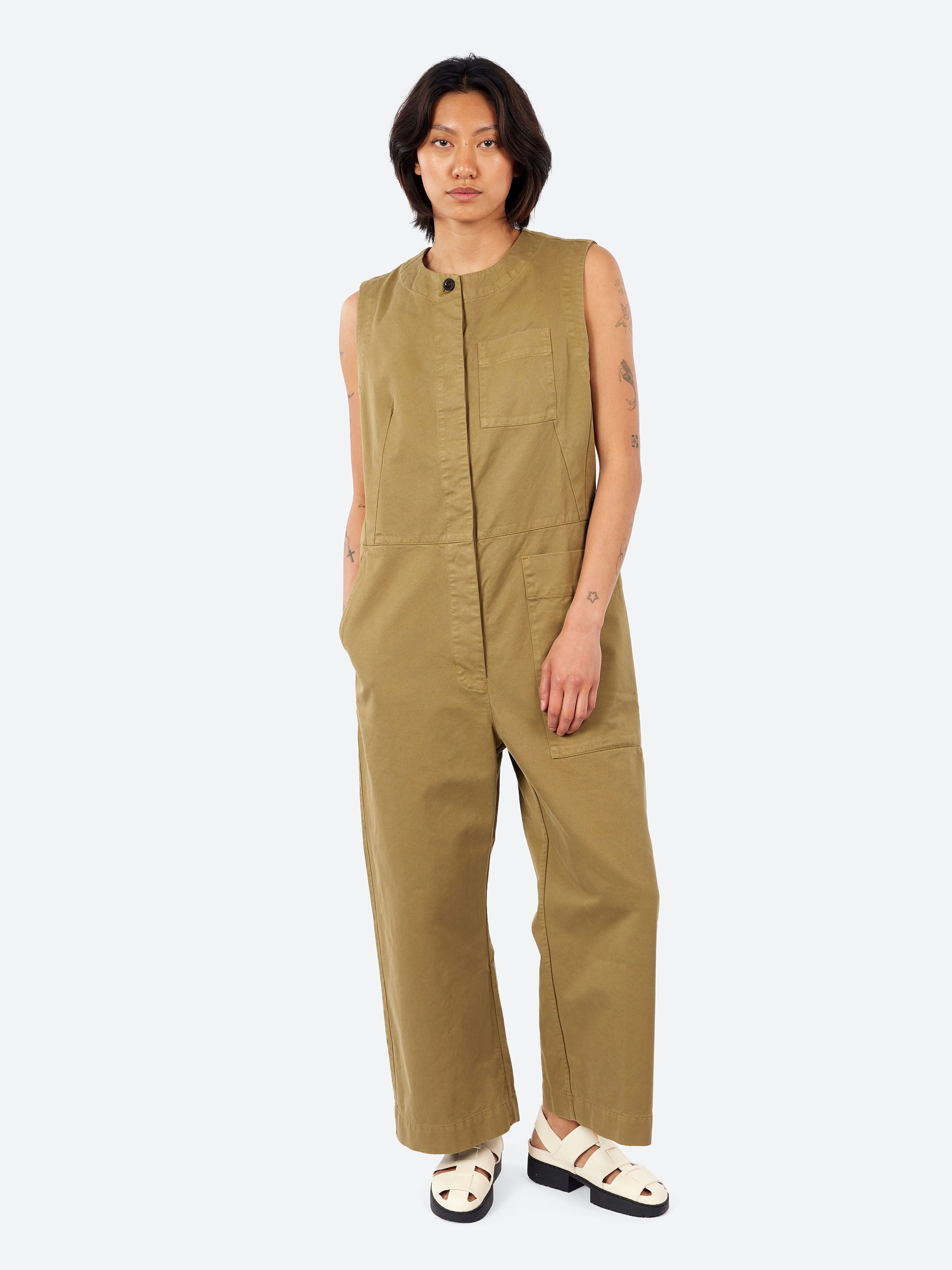 Sleeveless Cotton Twill Jumpsuit
