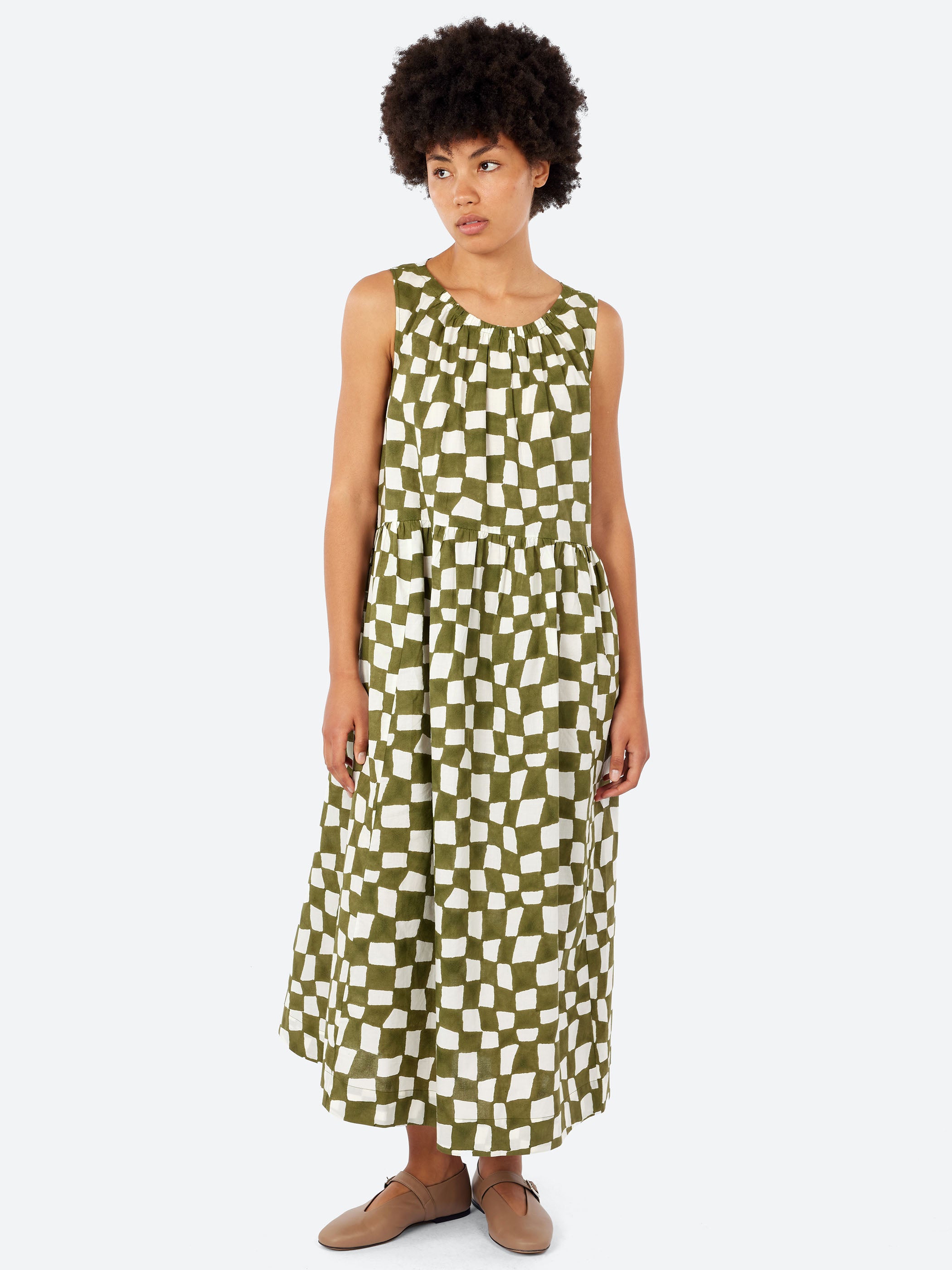 Block Print Warp Check Sleeveless Dress