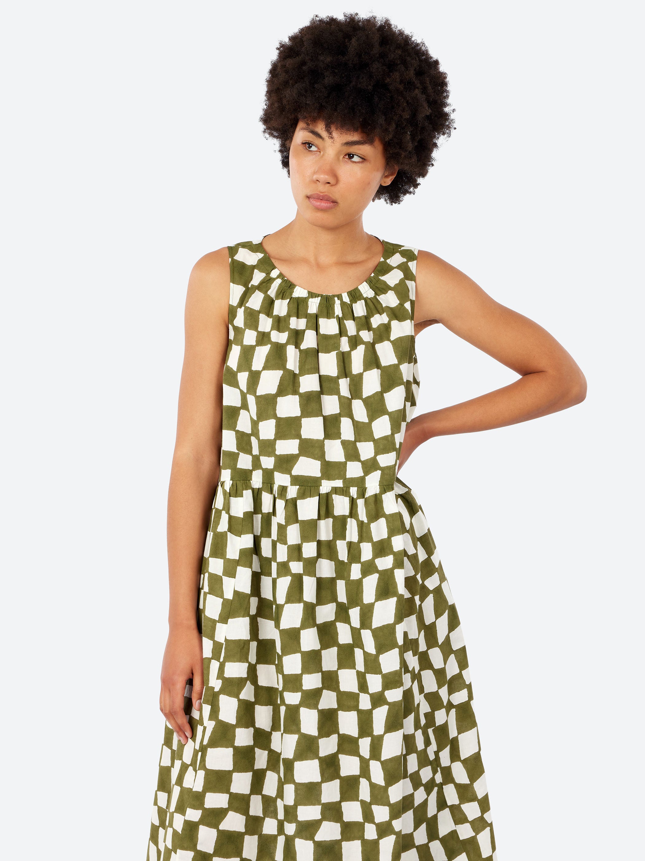 Block Print Warp Check Sleeveless Dress