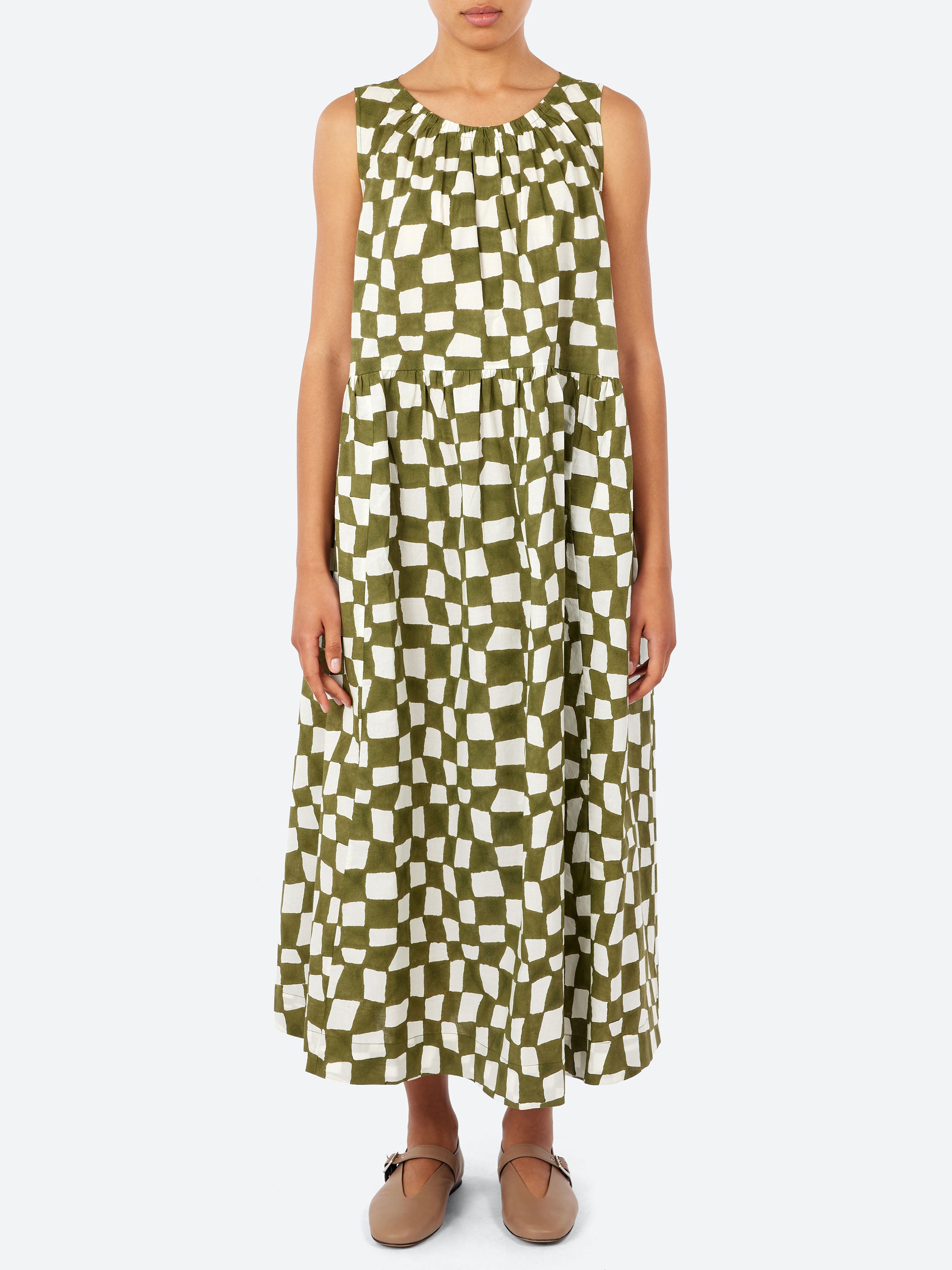 Block Print Warp Check Sleeveless Dress