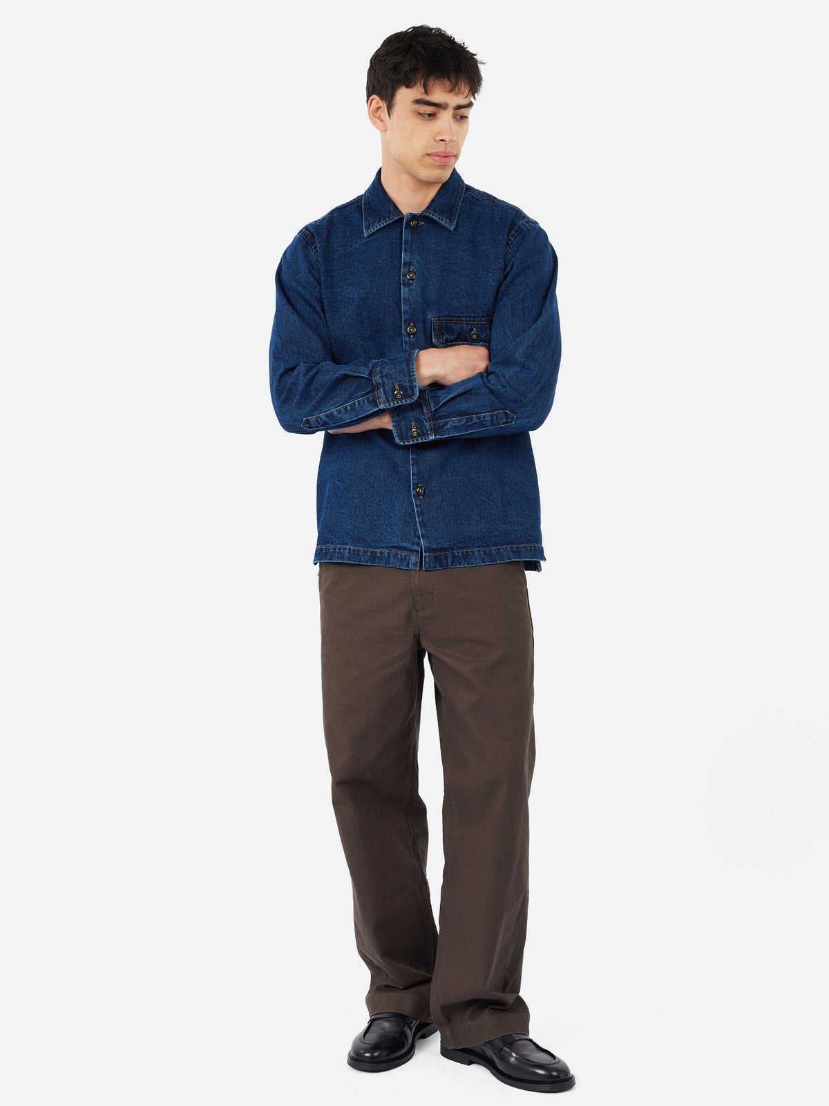 Contrast Stitch Work Denim Fatigue Shirt