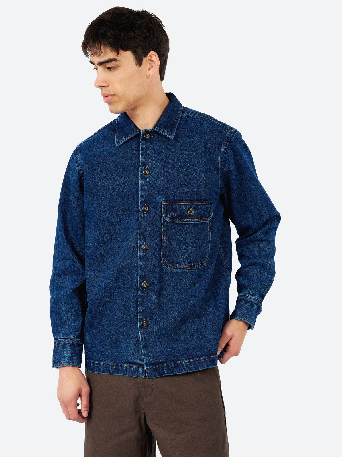 Contrast Stitch Work Denim Fatigue Shirt