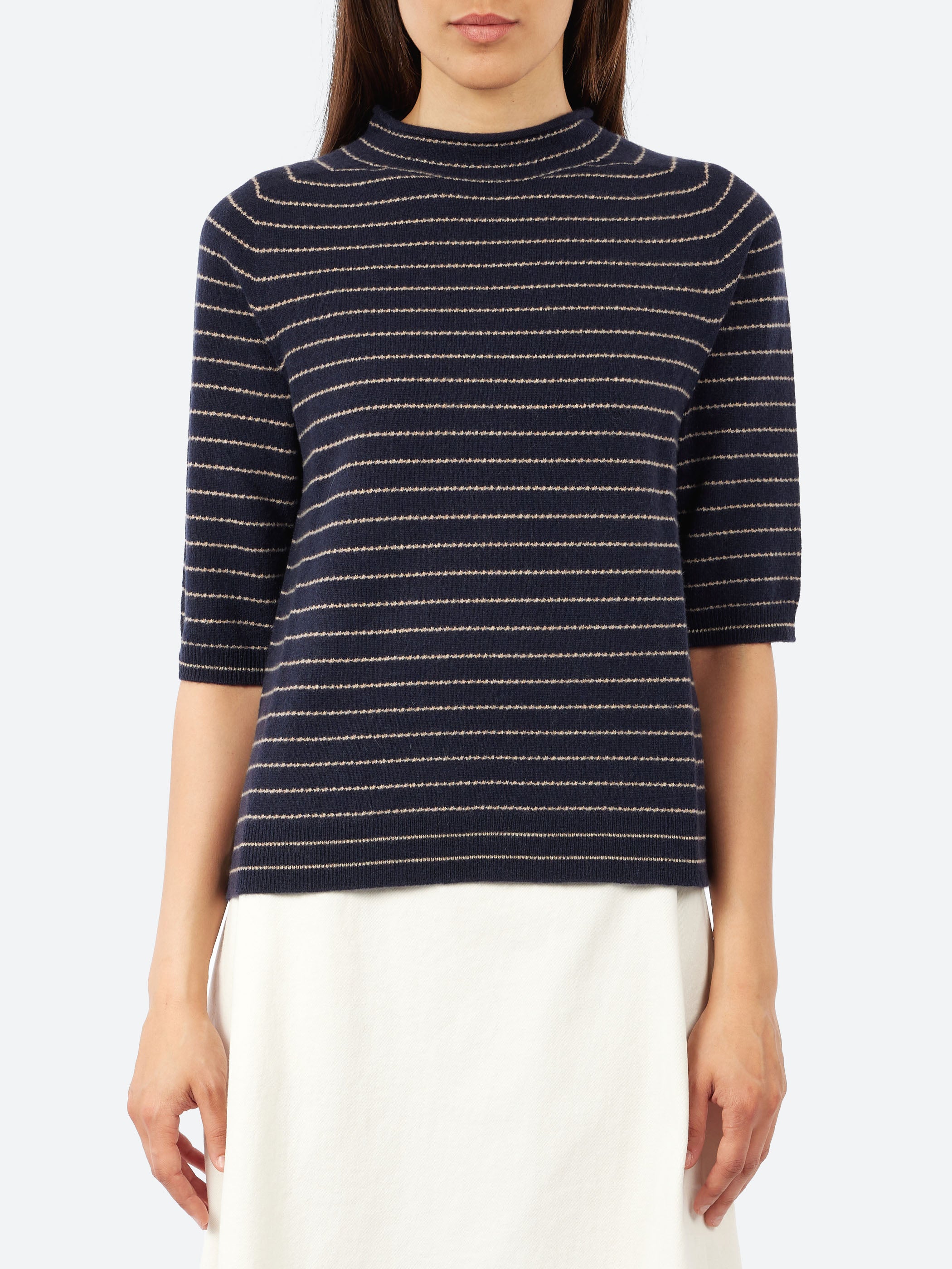 Fine Stripe Wool Cashmere Half Sleeve Sweater