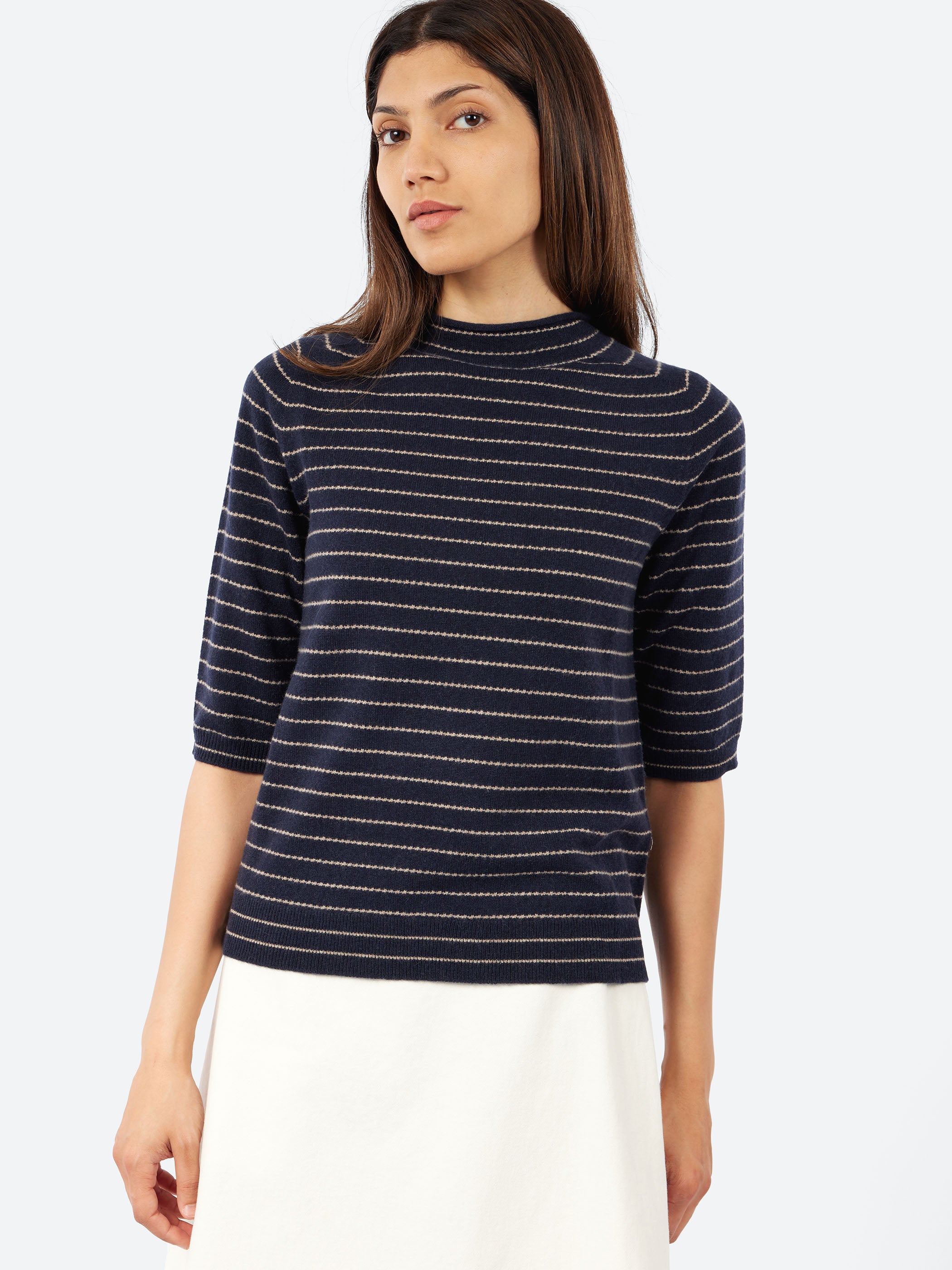 Fine Stripe Wool Cashmere Half Sleeve Sweater