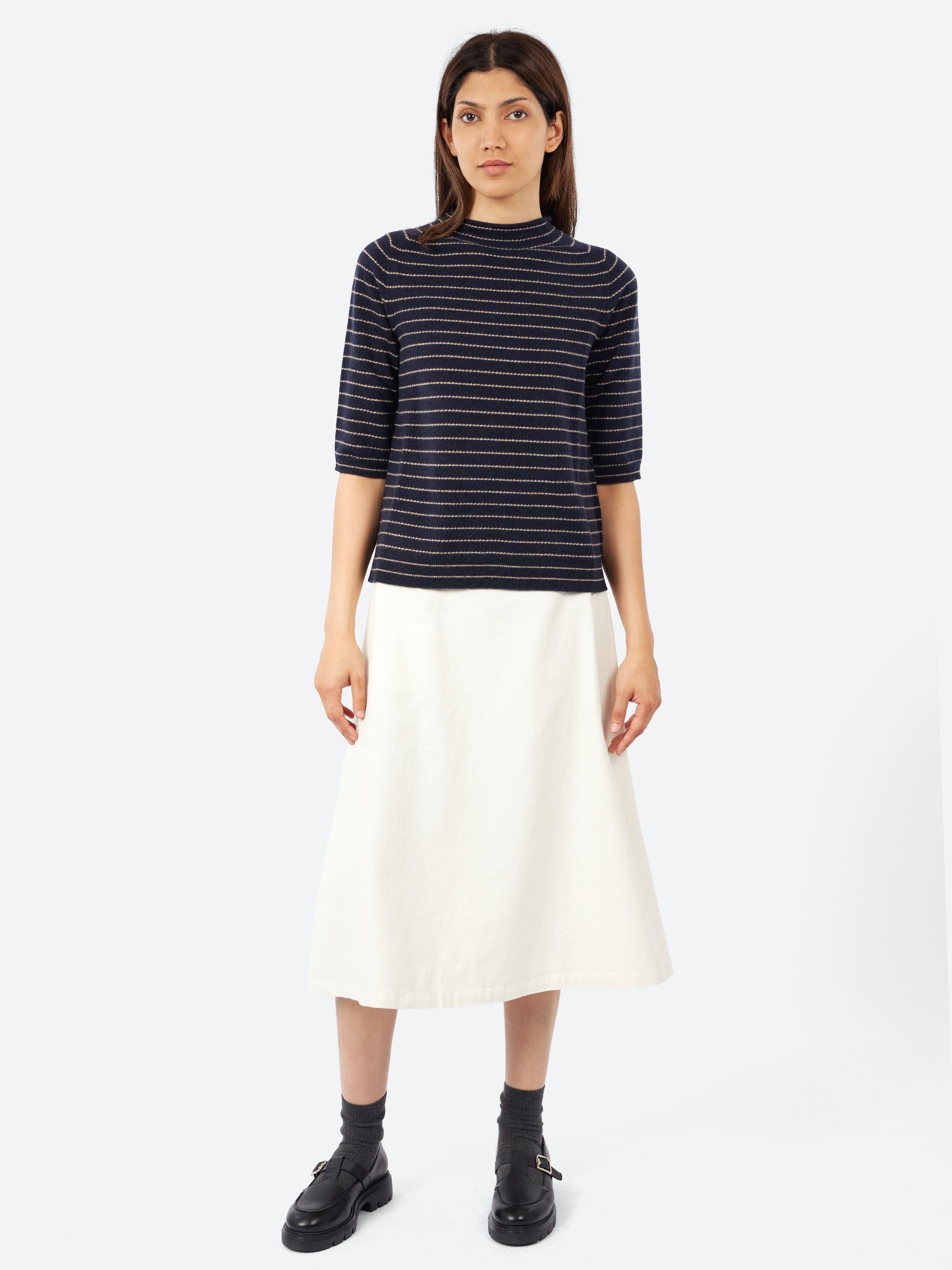 Fine Stripe Wool Cashmere Half Sleeve Sweater