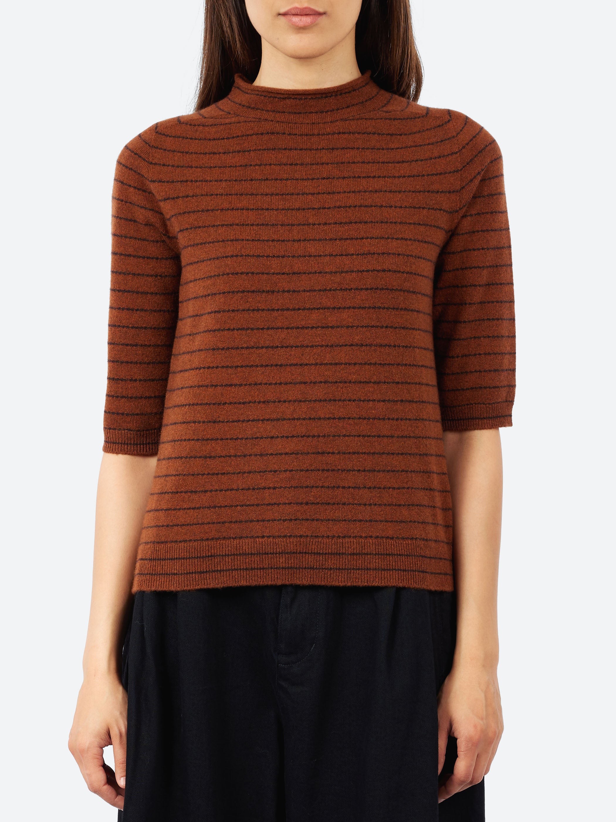 Fine Stripe Wool Cashmere Half Sleeve Sweater