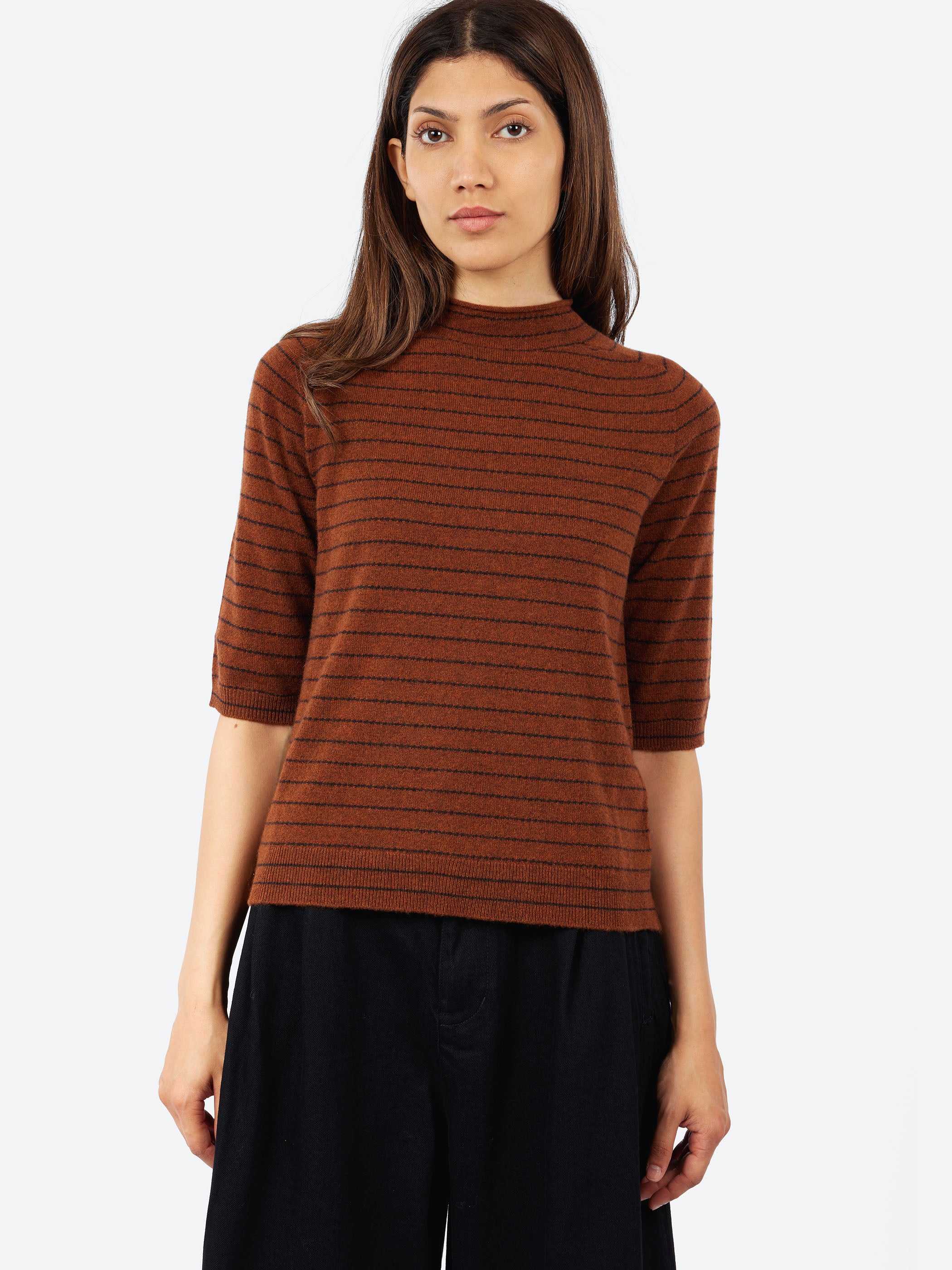 Fine Stripe Wool Cashmere Half Sleeve Sweater