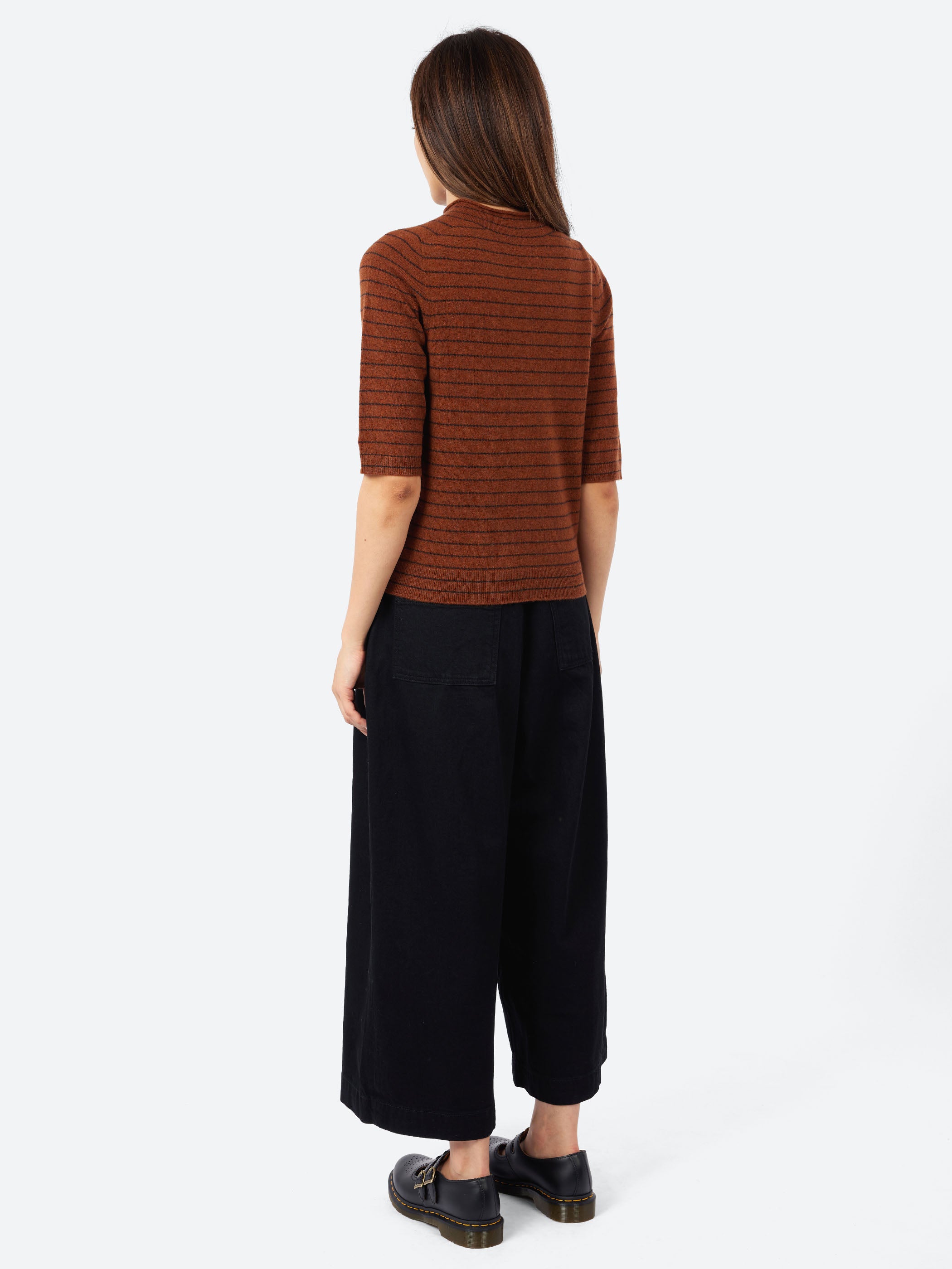 Fine Stripe Wool Cashmere Half Sleeve Sweater