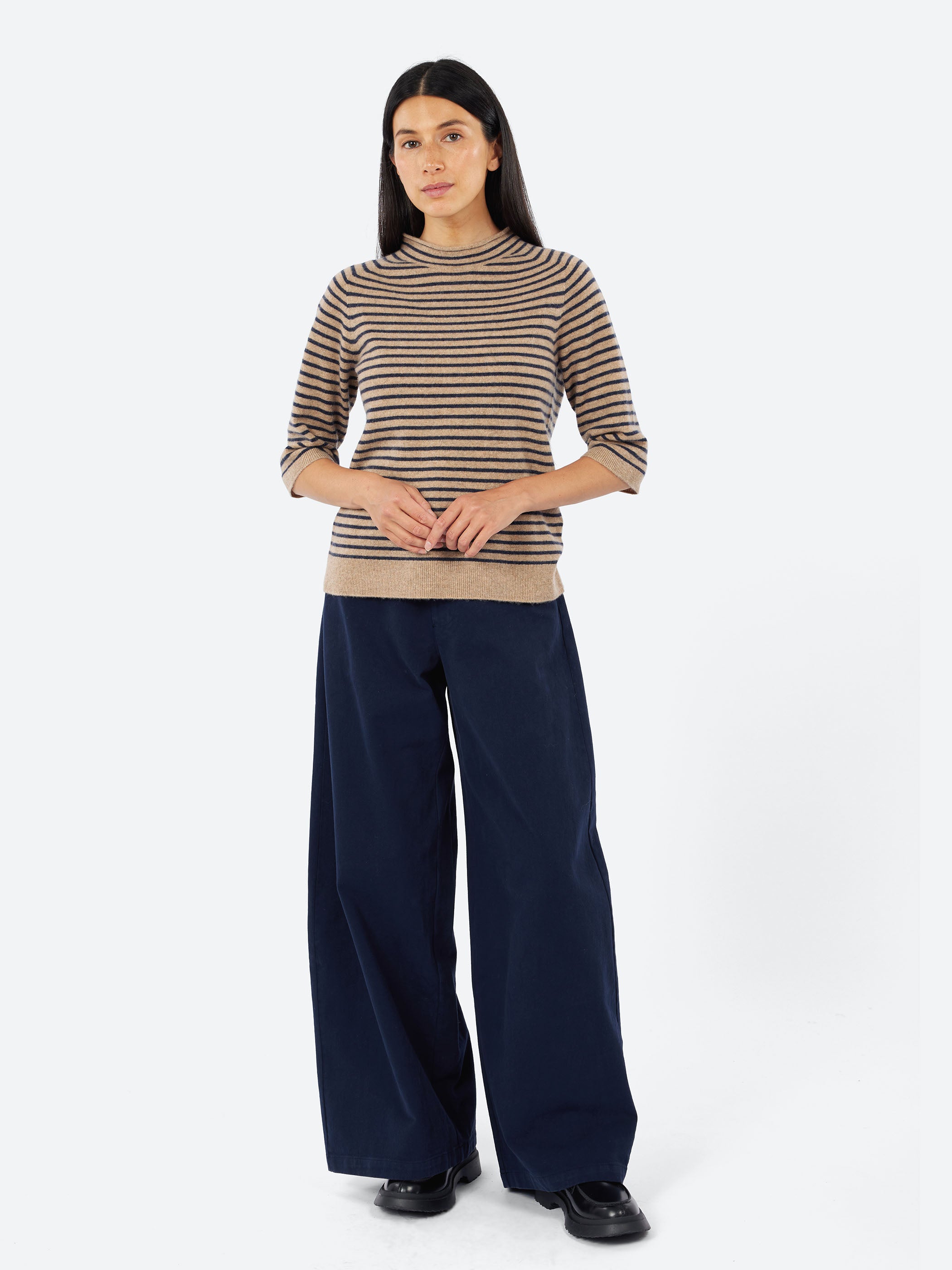Stripe Wool Cashmere Half Sleeve Sweater
