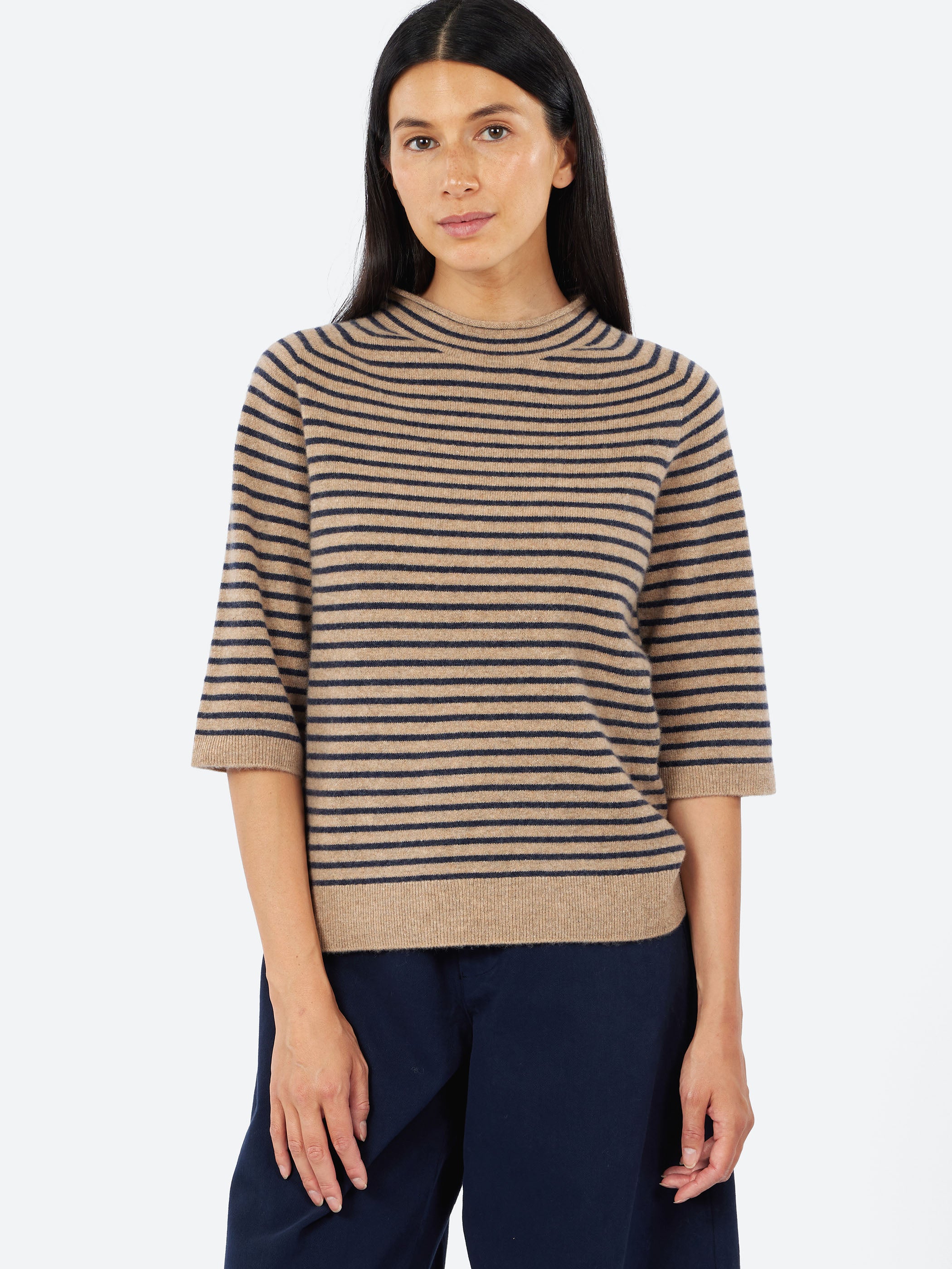 Stripe Wool Cashmere Half Sleeve Sweater
