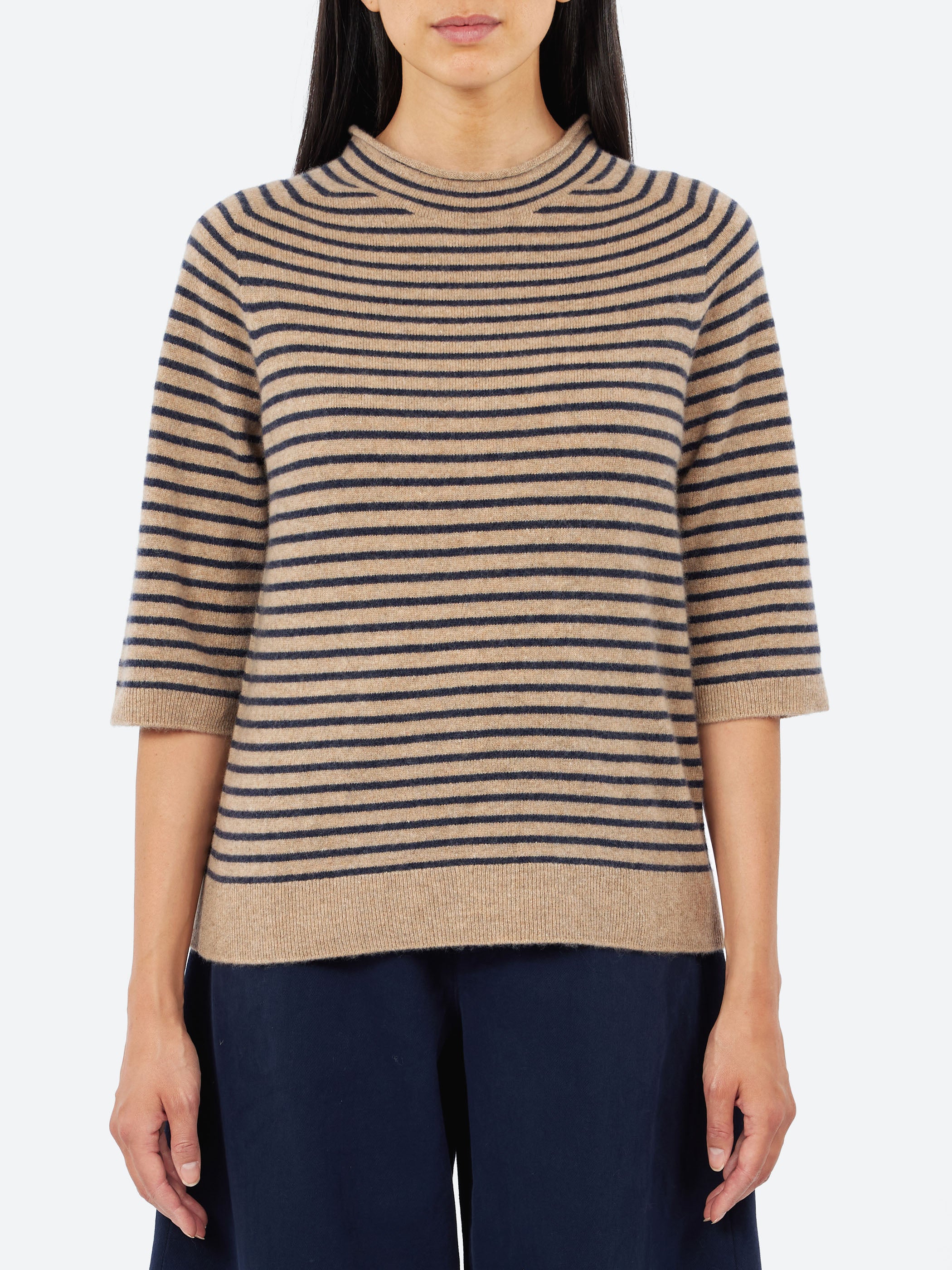 Stripe Wool Cashmere Half Sleeve Sweater