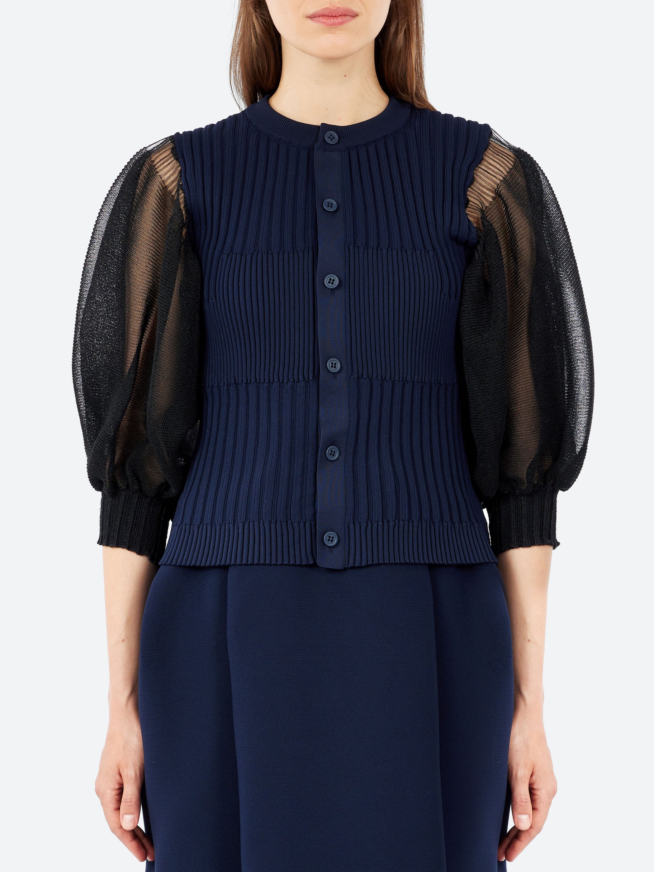 Fluted Lucent Puff Sleeve Cardigan