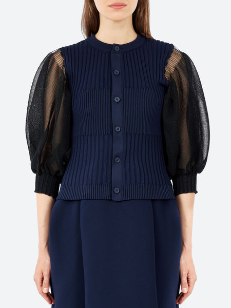 CFCL - Fluted Lucent Puff Sleeve Cardigan in Navy Multi – gravitypope