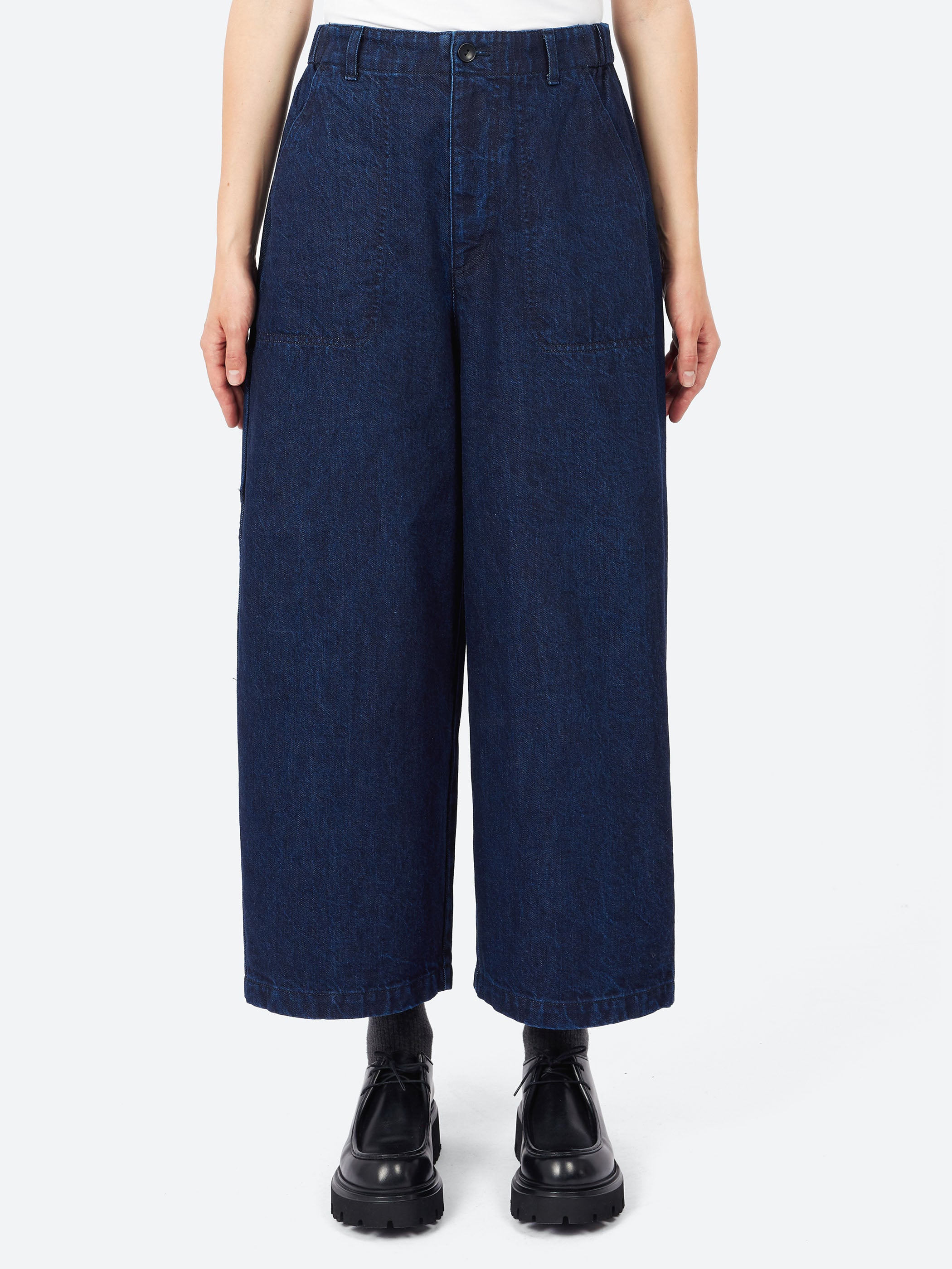 Natural Slub Denim Cropped Wide Pants