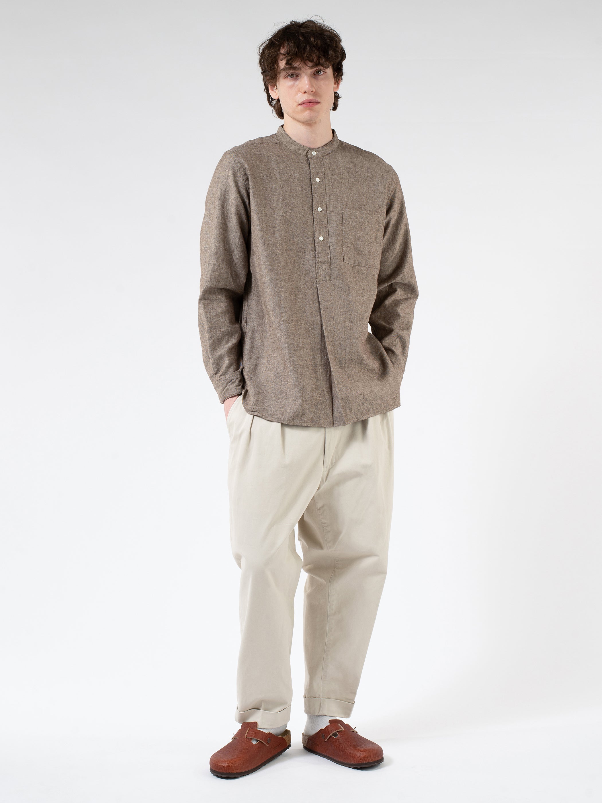 Linen Cotton Herringbone Band Collar Pullover Shirt