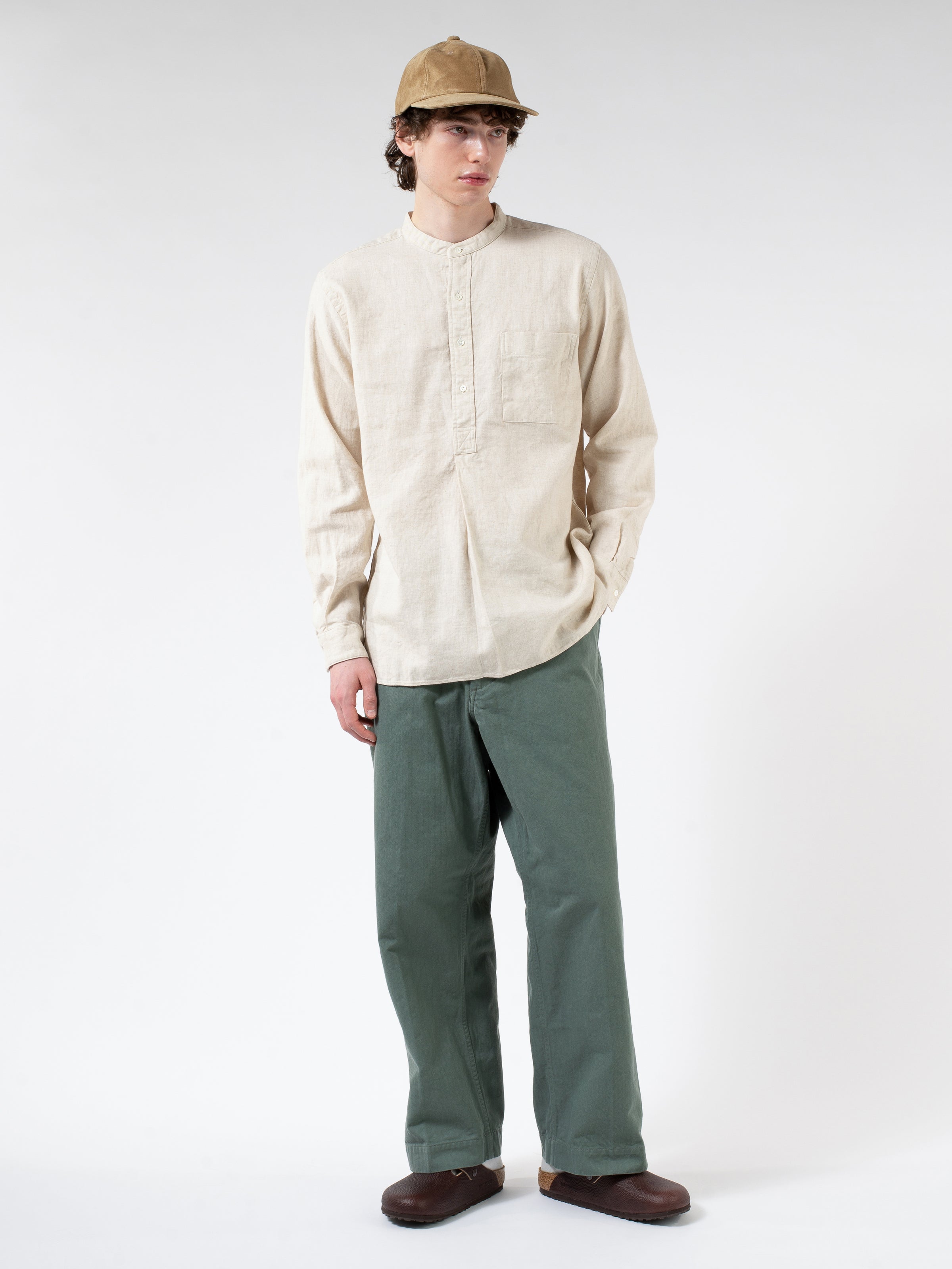 Linen Cotton Herringbone Band Collar Pullover Shirt