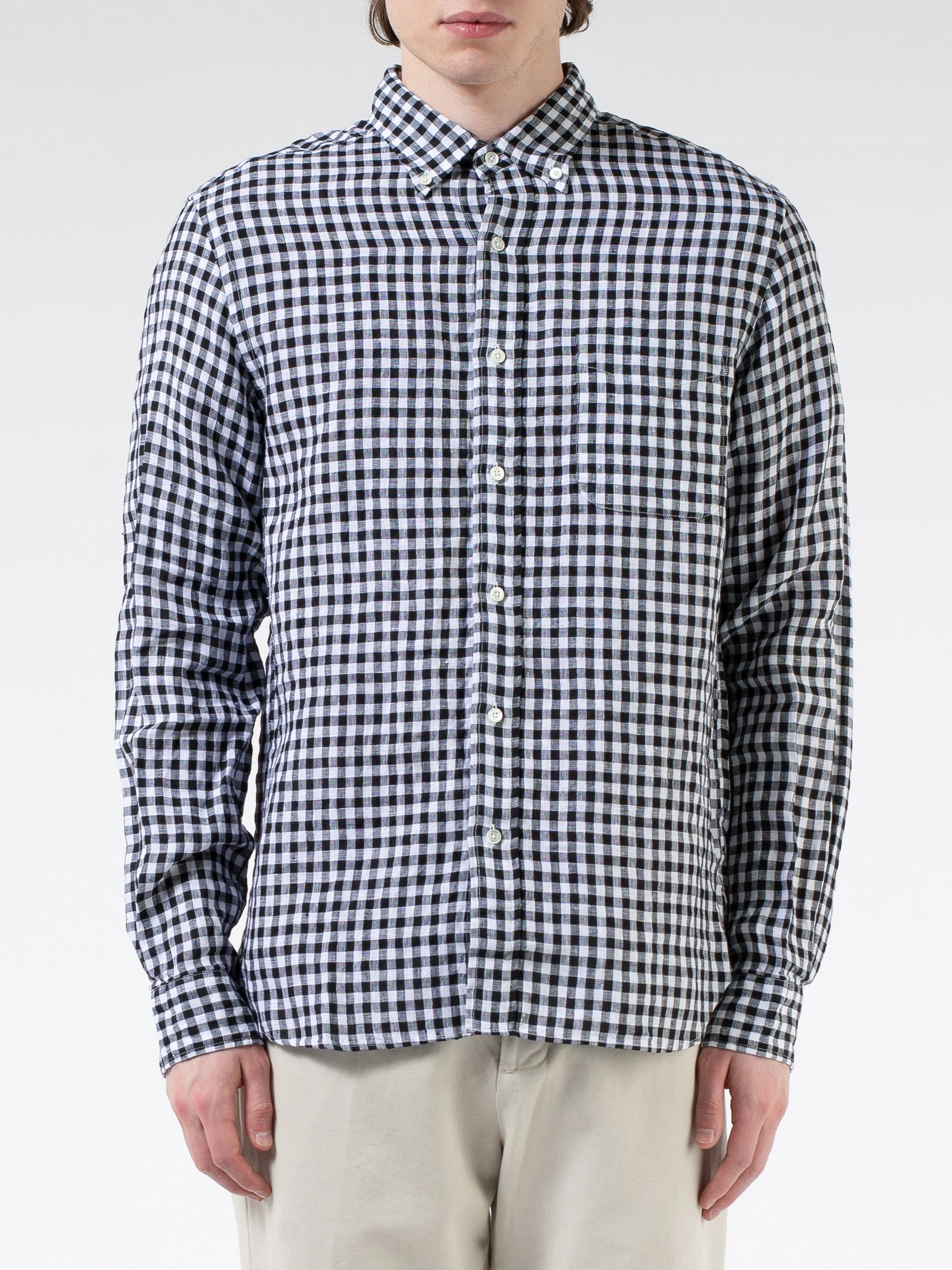 Linen Gingham Check Button-Down Shirt