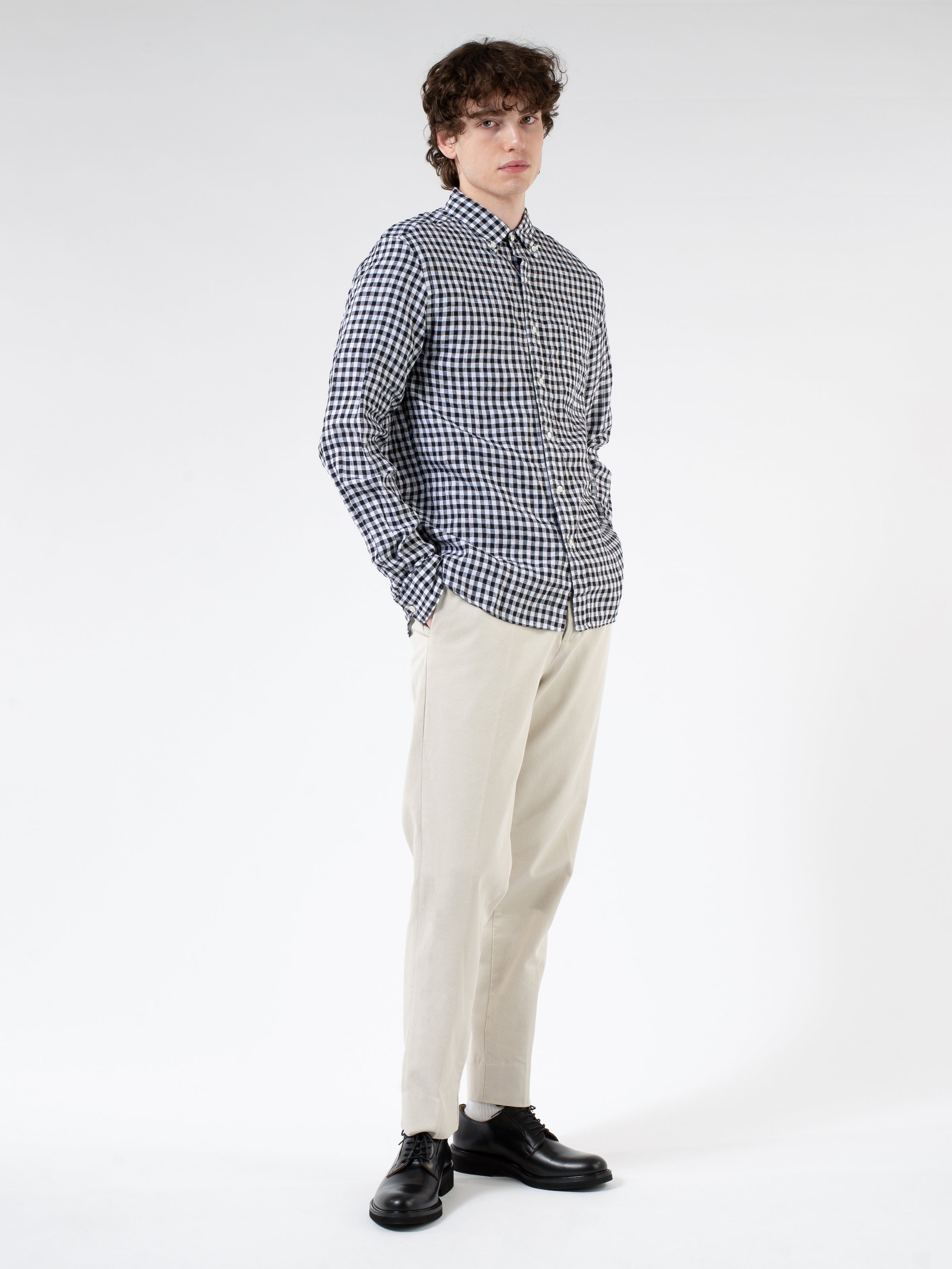 Linen Gingham Check Button-Down Shirt