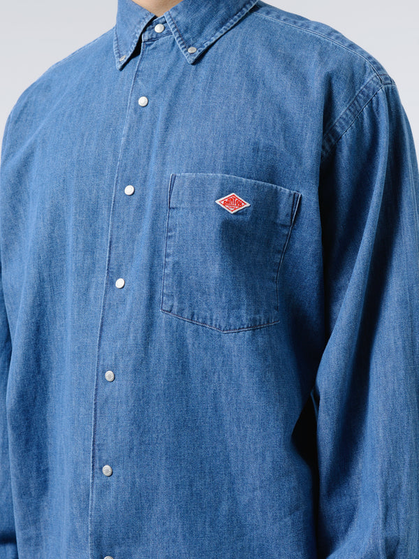 Danton Men's Denim Dungaree B.D Shirt in Light Indigo gravitypope