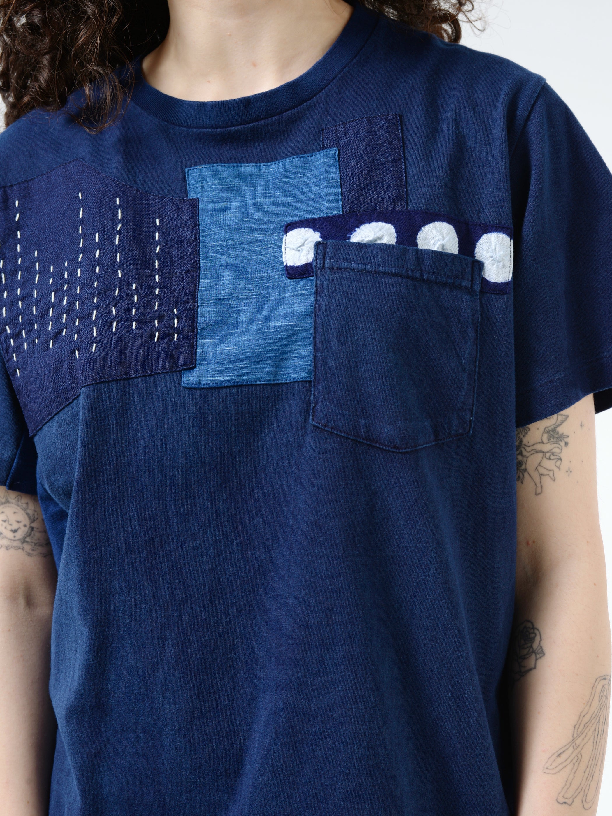 Knitted Indigo Hand Stitched Patchwork S/S Tee