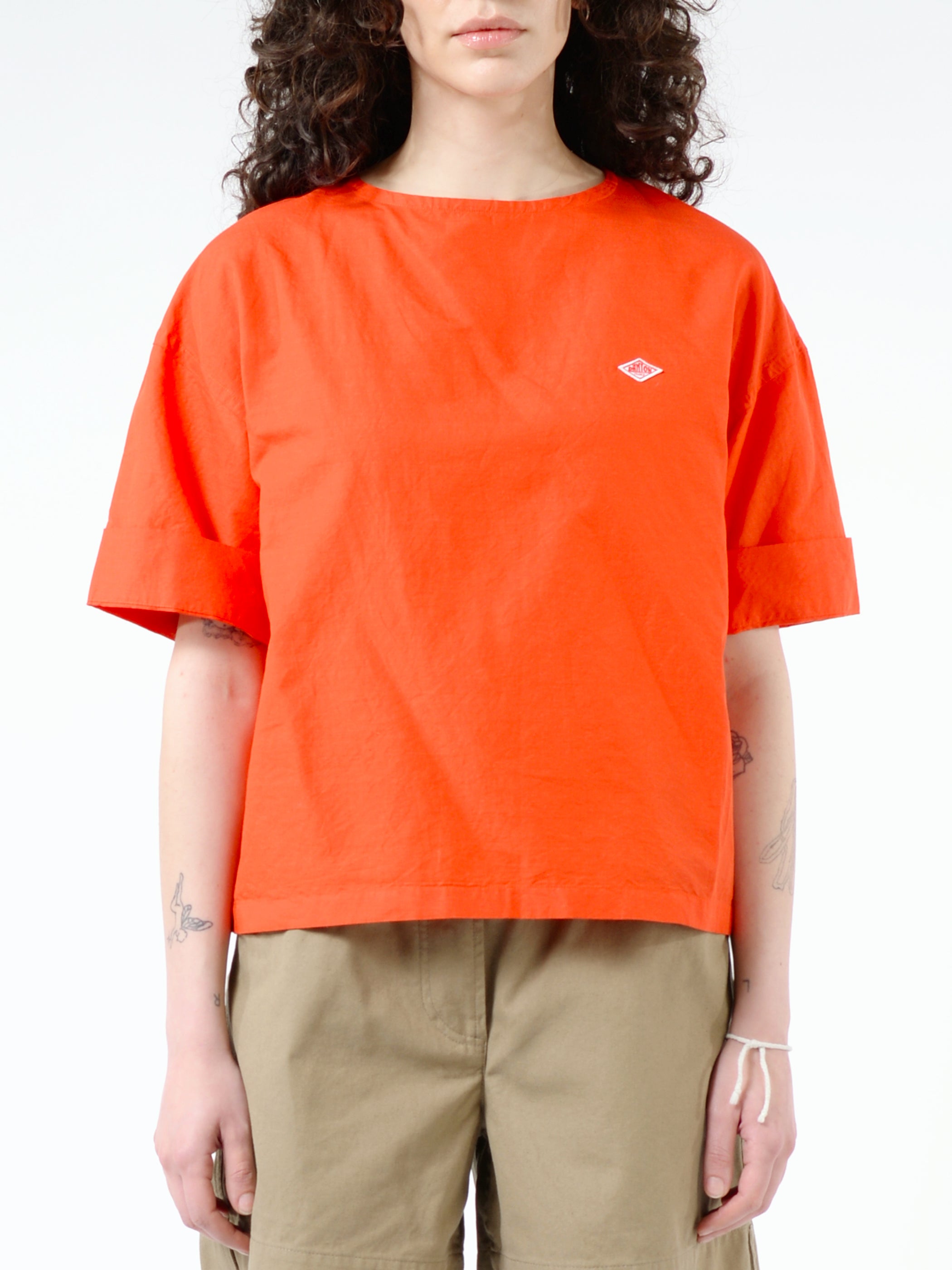 Danton Women's Cotton Linen Collarless Pullover Shirt in Red