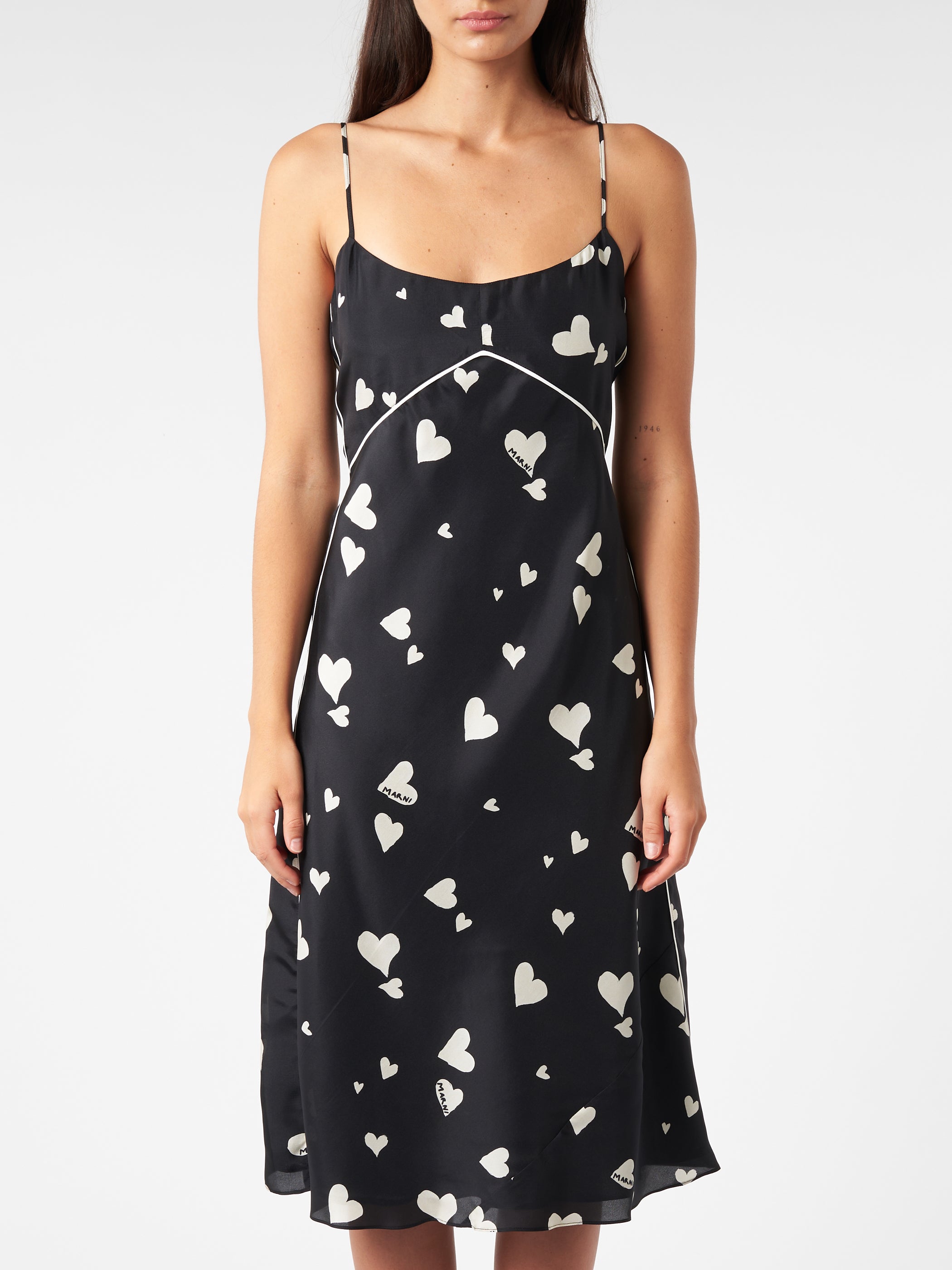 Silk Slip Dress With Bunch Of Hearts Print