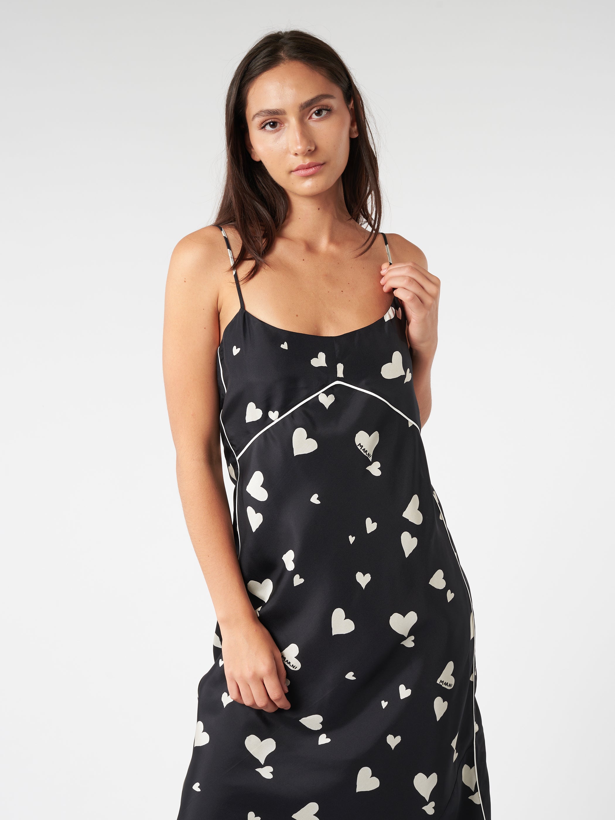 Silk Slip Dress With Bunch Of Hearts Print