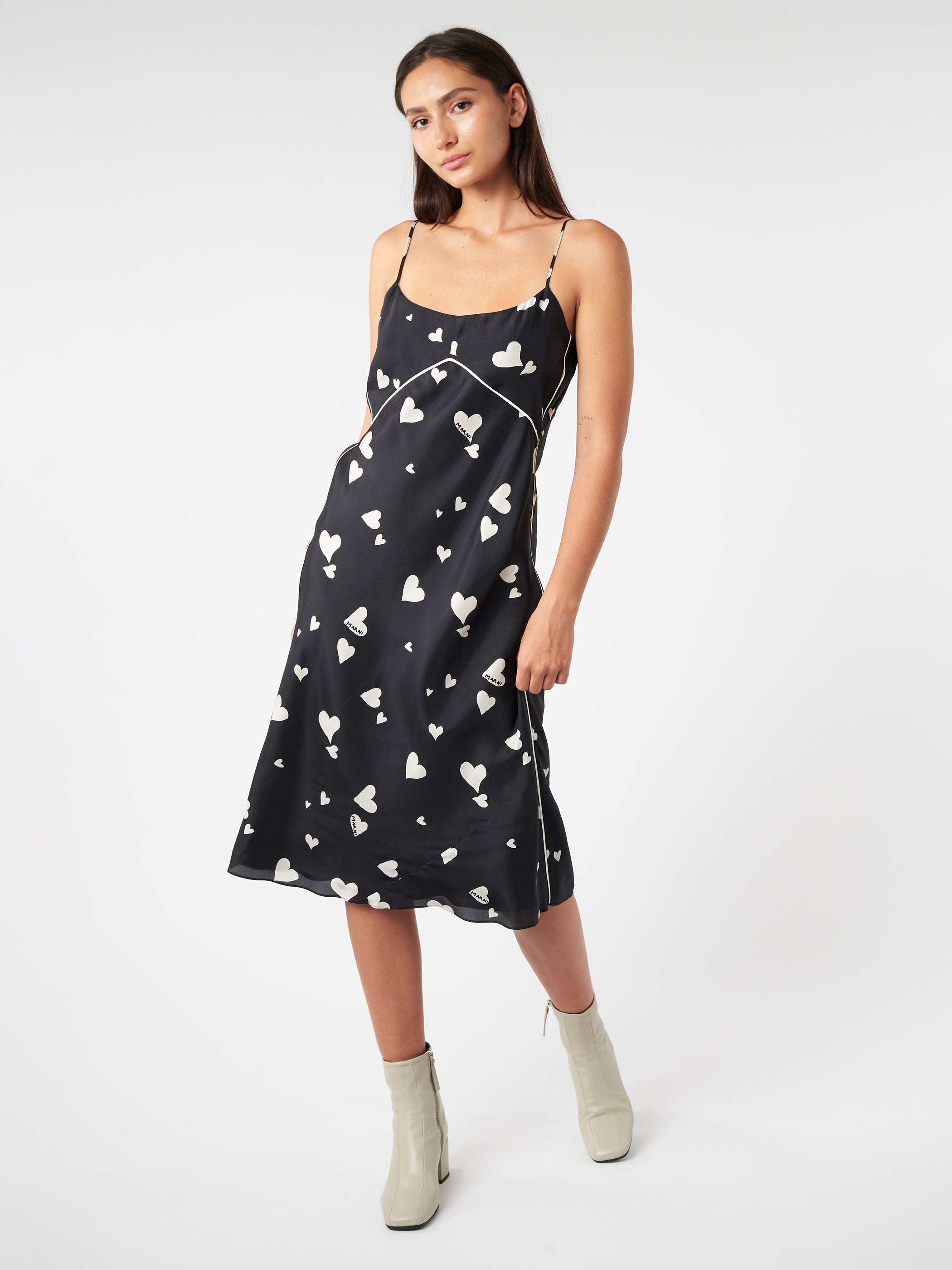 Silk Slip Dress With Bunch Of Hearts Print