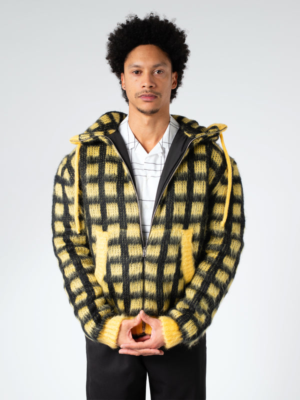 CHECKED MOHAIR HOODED CARDIGAN