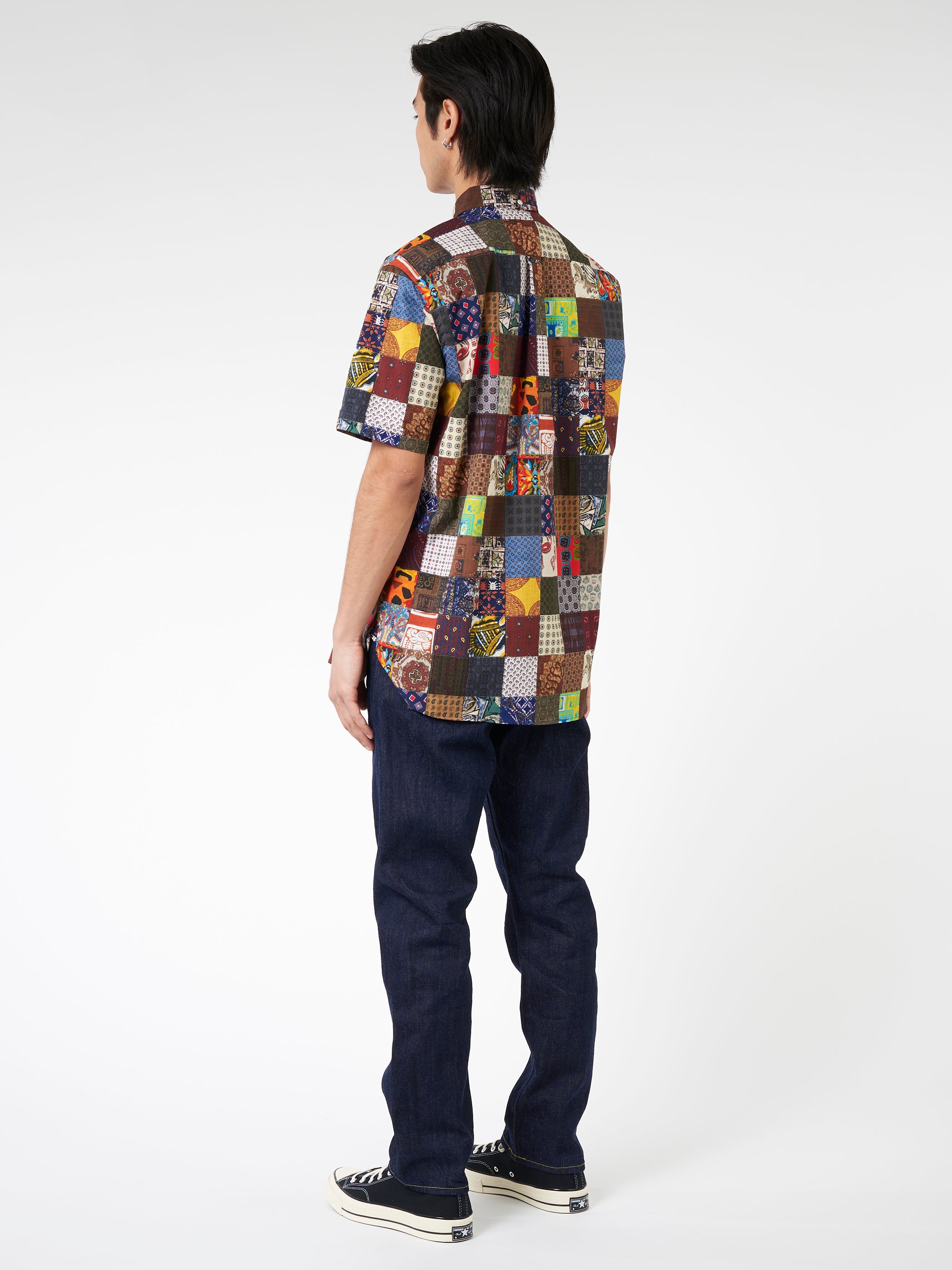 Dobby Patchwork Print Pullover Short Sleeve Button Down Shirt
