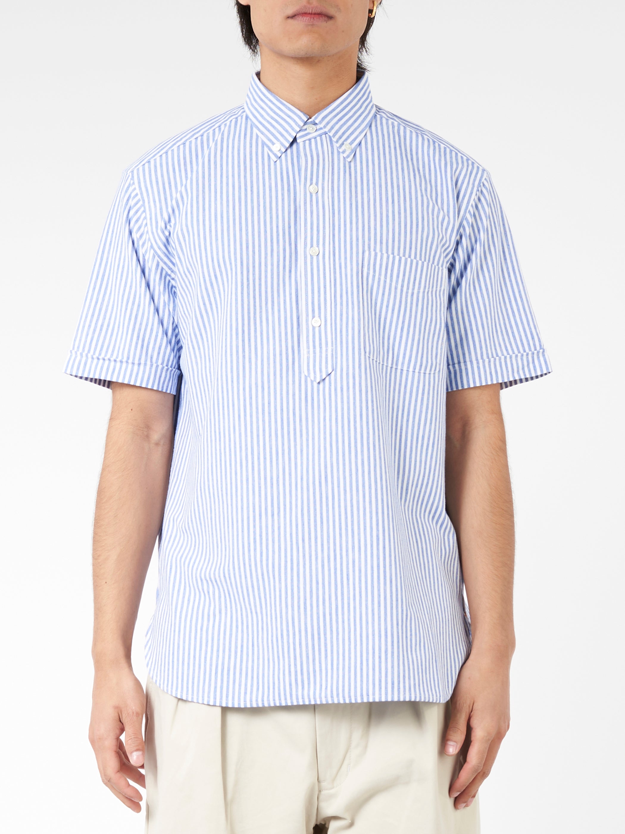 Knit Oxford Stripe Pullover Short Sleeve Button Down Shirt