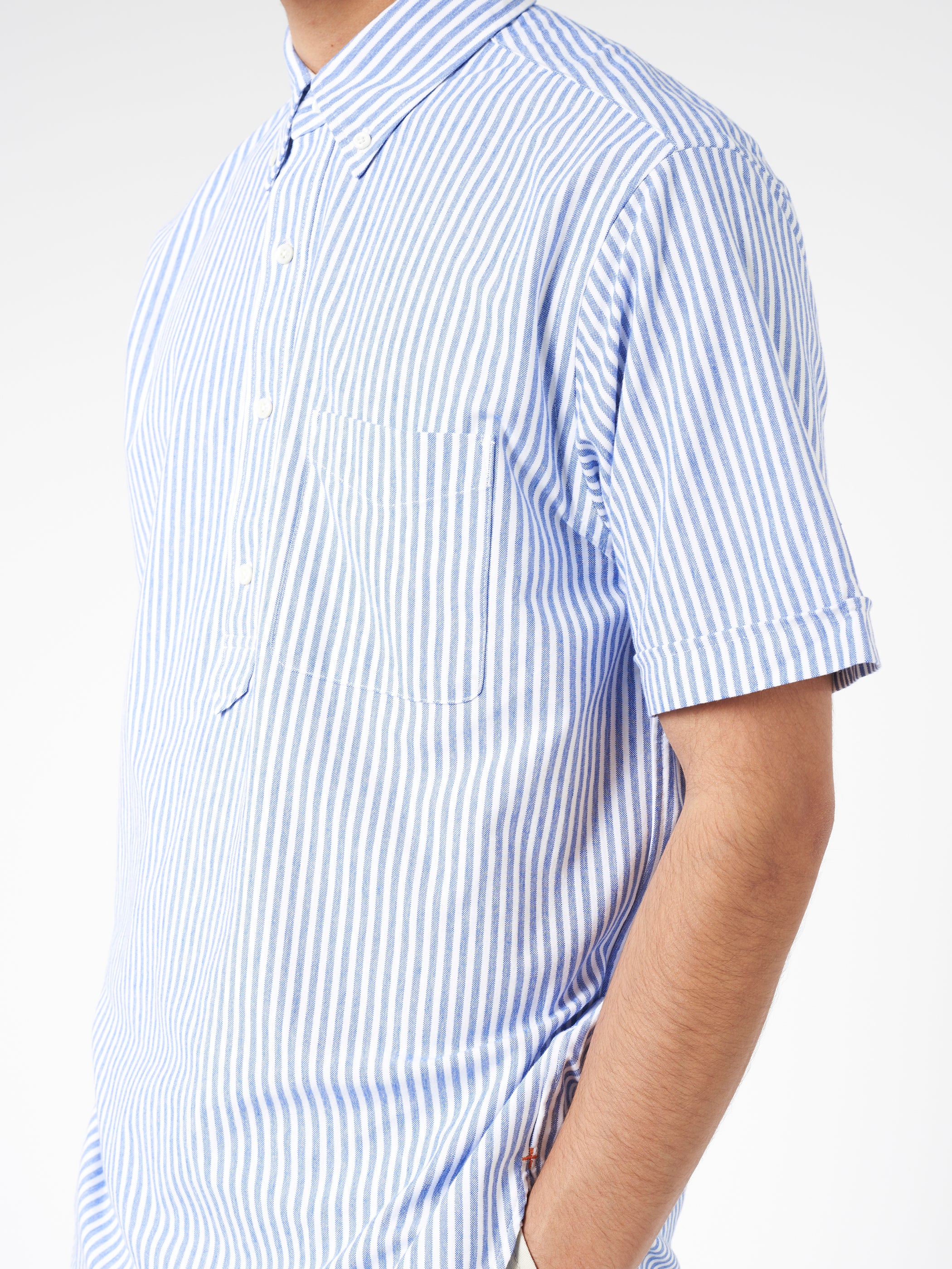 Knit Oxford Stripe Pullover Short Sleeve Button Down Shirt